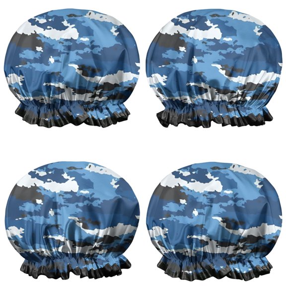 Shower Caps,Blue White Camo Digital Shapes Pattern Waterproof Shower Cap for Women 4 Pieces,Double Reusable Hair Cover for Shower PEVA Elastic Stretch Hem
