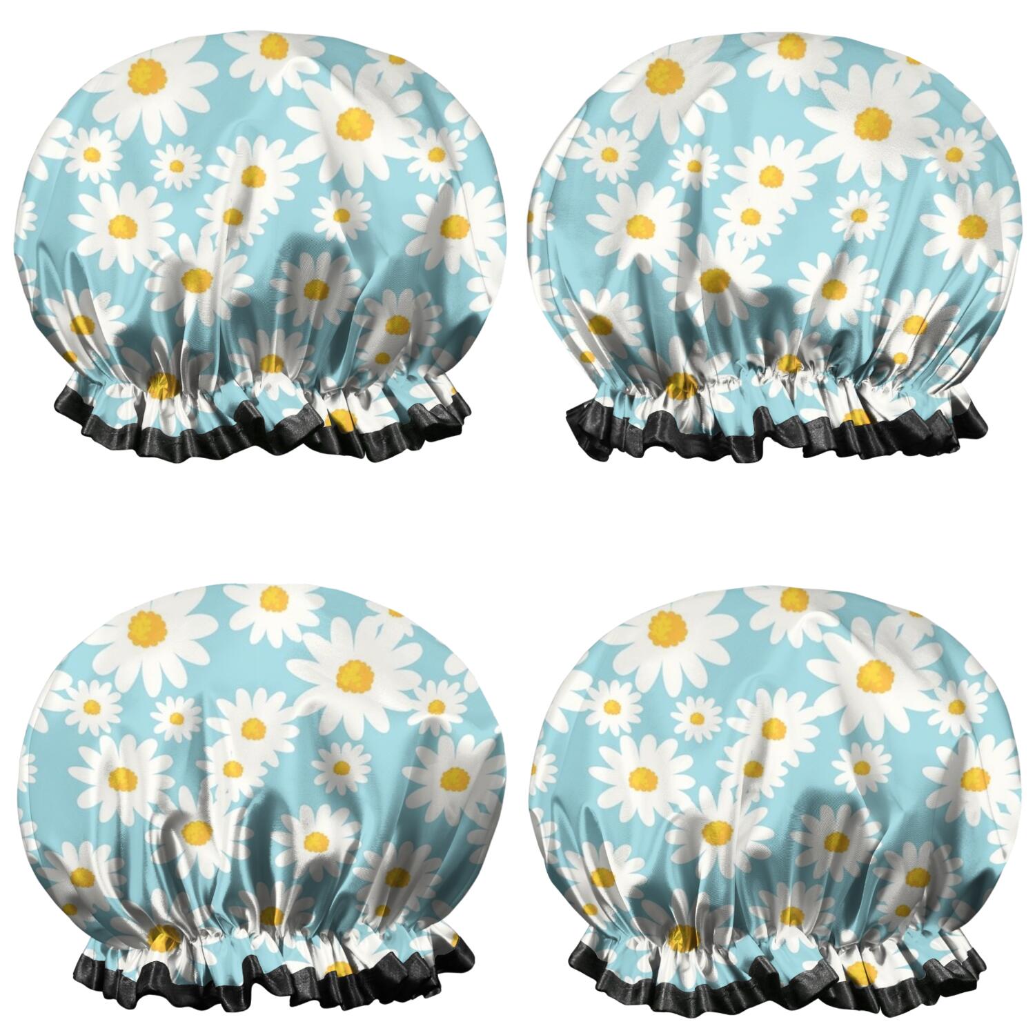 Shower Caps,Blue White Flower Pattern Waterproof Shower Cap for Women 4 Pieces,Double Reusable Hair Cover for Shower PEVA Elastic Stretch Hem