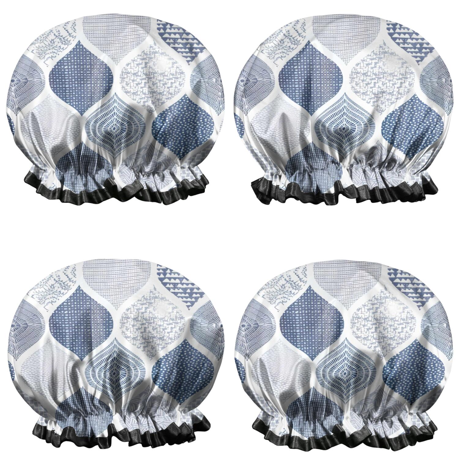 Shower Caps,Blue and White Geometric Quatrefoil Pattern Waterproof Shower Cap for Women 4 Pieces,Double Reusable Hair Cover for Shower PEVA Elastic Stretch Hem