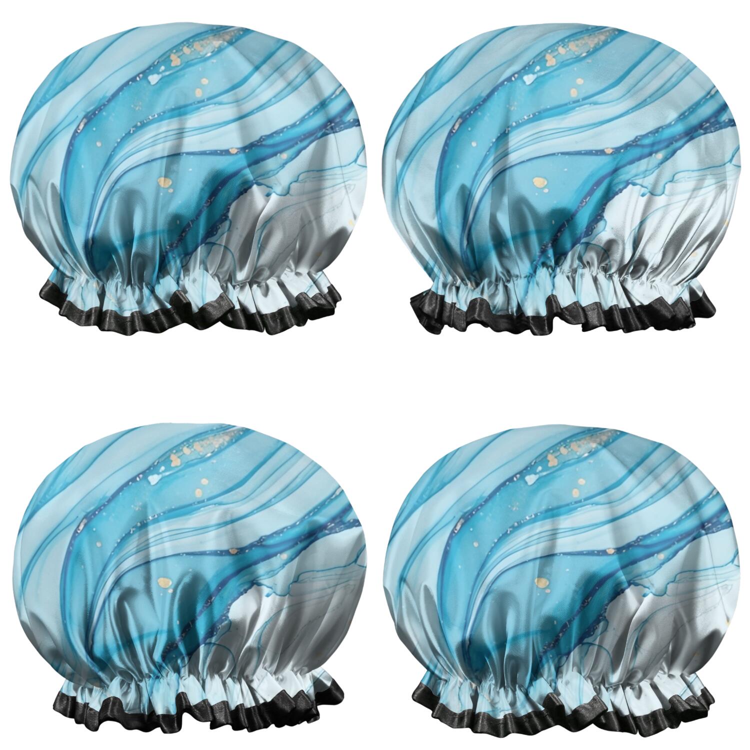 Shower Caps,Blue White Gold Marble Pattern Waterproof Shower Cap for Women 4 Pieces,Double Reusable Hair Cover for Shower PEVA Elastic Stretch Hem