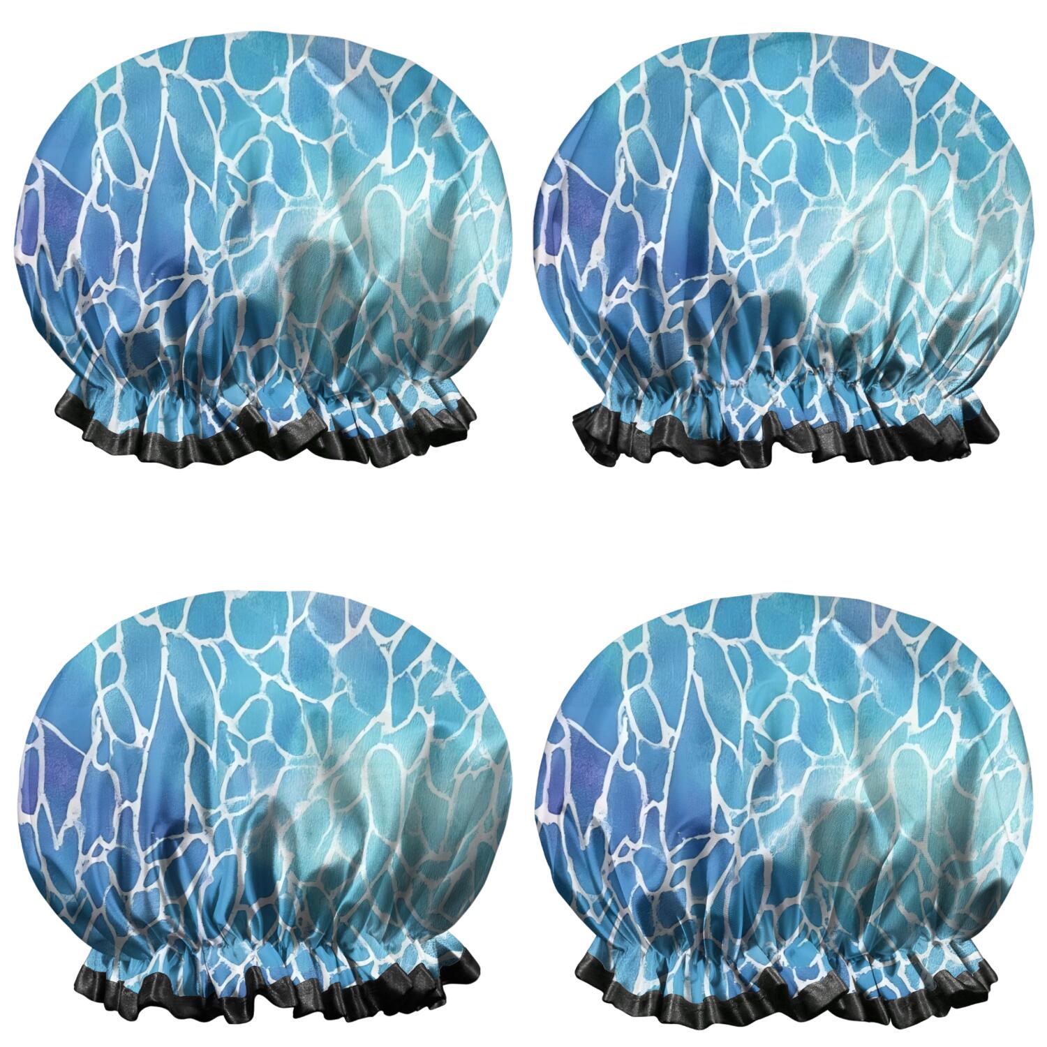 Shower Caps,Blue White Tie Dye Cracked Pattern Waterproof Shower Cap for Women 4 Pieces,Double Reusable Hair Cover for Shower PEVA Elastic Stretch Hem