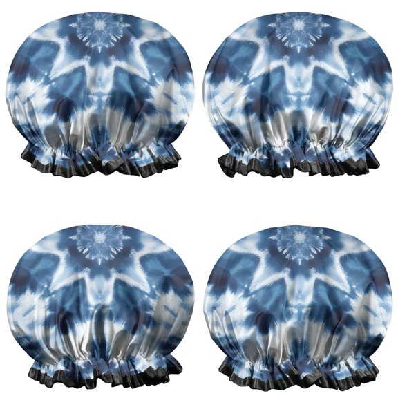 Shower Caps,Blue White Tie Dye Mandala Pattern Waterproof Shower Cap for Women 4 Pieces,Double Reusable Hair Cover for Shower PEVA Elastic Stretch Hem