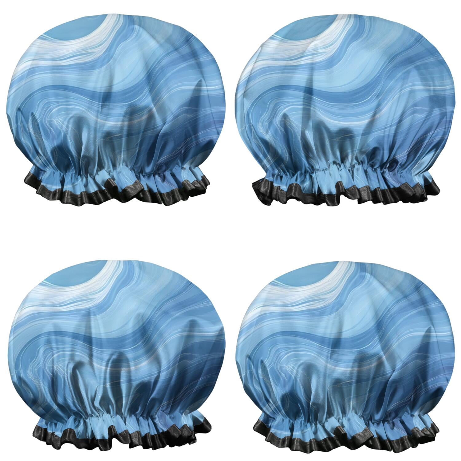 Shower Caps,Blue White Tie Dye Swirl Pattern Waterproof Shower Cap for Women 4 Pieces,Double Reusable Hair Cover for Shower PEVA Elastic Stretch Hem