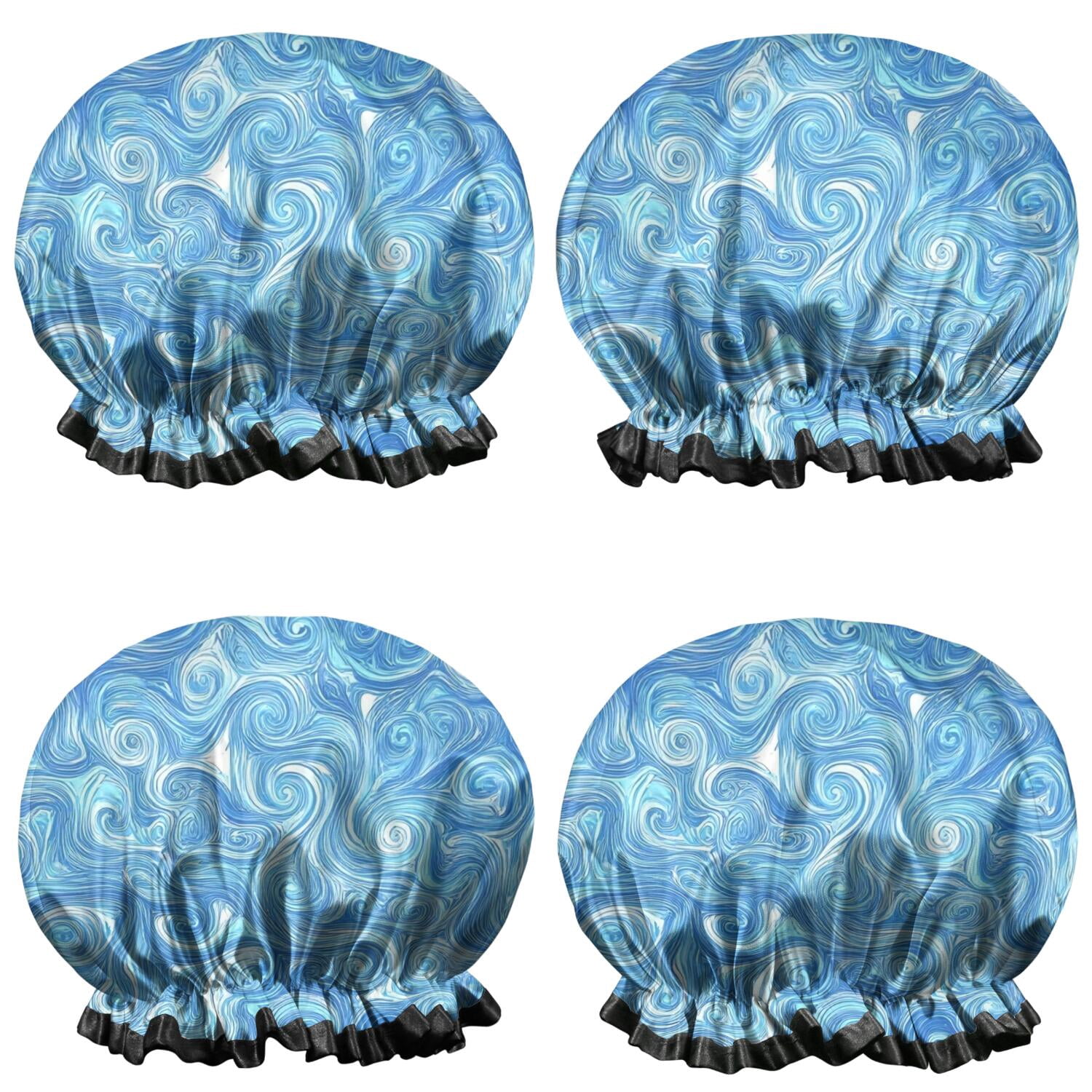 Shower Caps,Blue White Tie Dye Swirl Pattern Waterproof Shower Cap for Women 4 Pieces,Double Reusable Hair Cover for Shower PEVA Elastic Stretch Hem