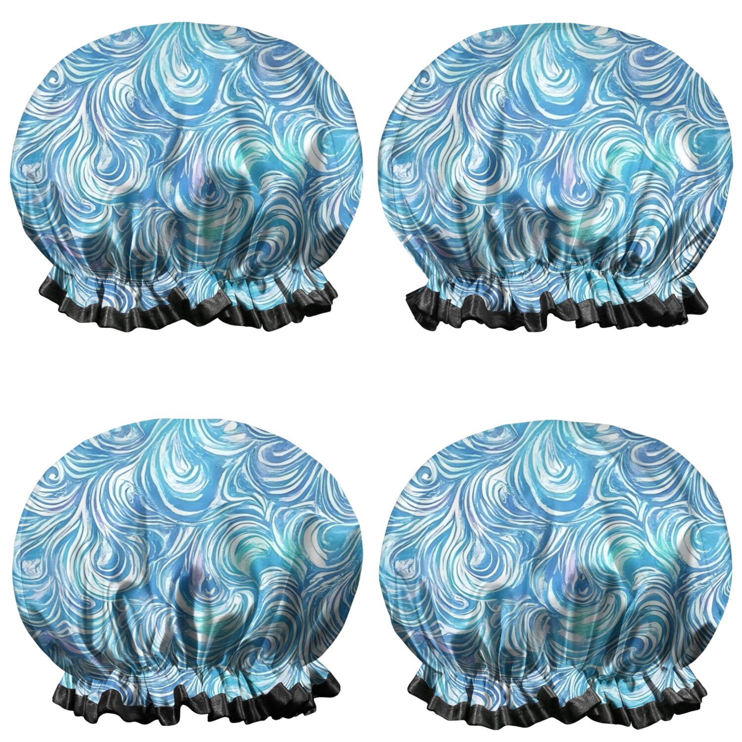 Shower Caps,Blue White Tie Dye Wave Pattern Waterproof Shower Cap for Women 4 Pieces,Double Reusable Hair Cover for Shower PEVA Elastic Stretch Hem