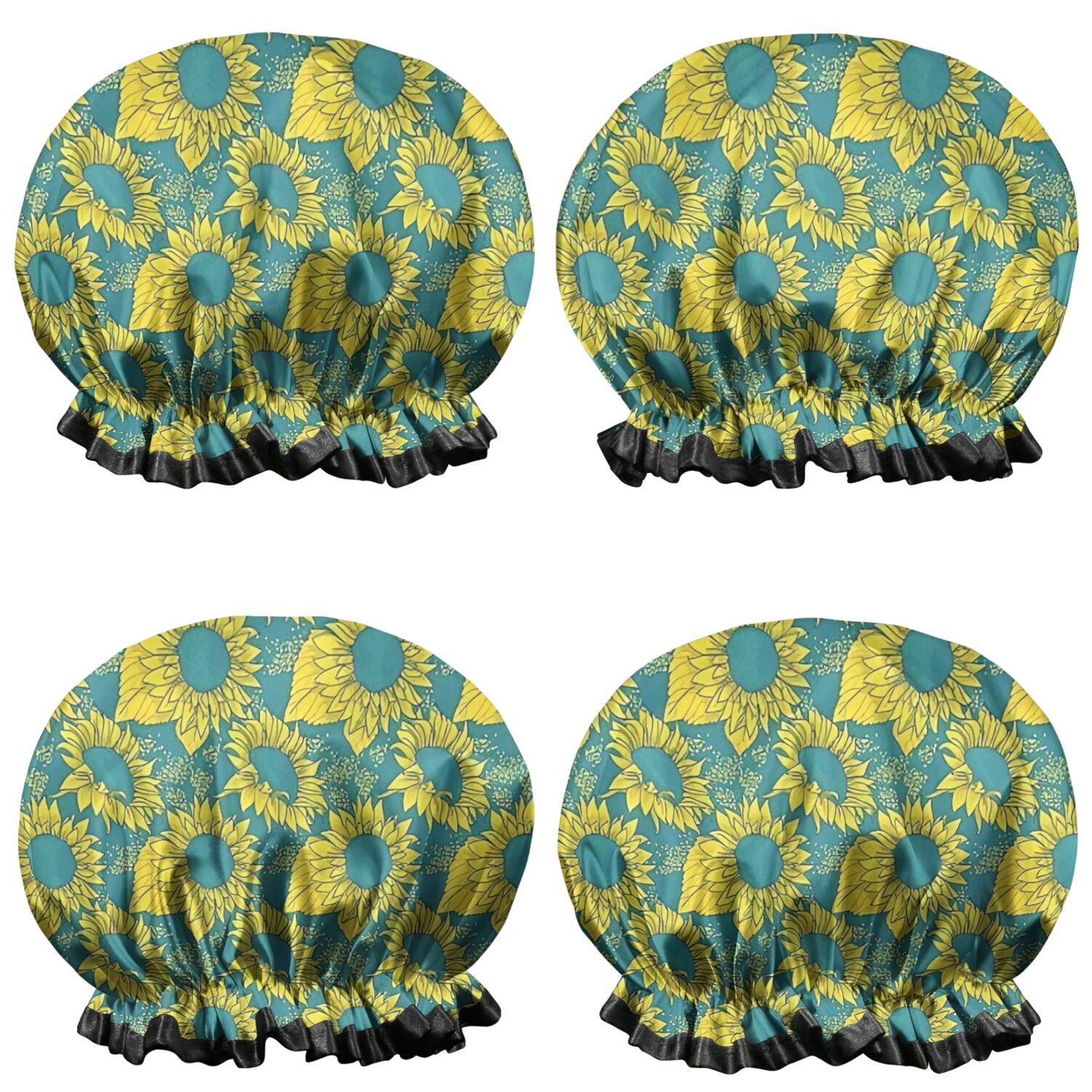 Shower Caps,Blue Yellow Sunflower Pattern Waterproof Shower Cap for Women 4 Pieces,Double Reusable Hair Cover for Shower PEVA Elastic Stretch Hem