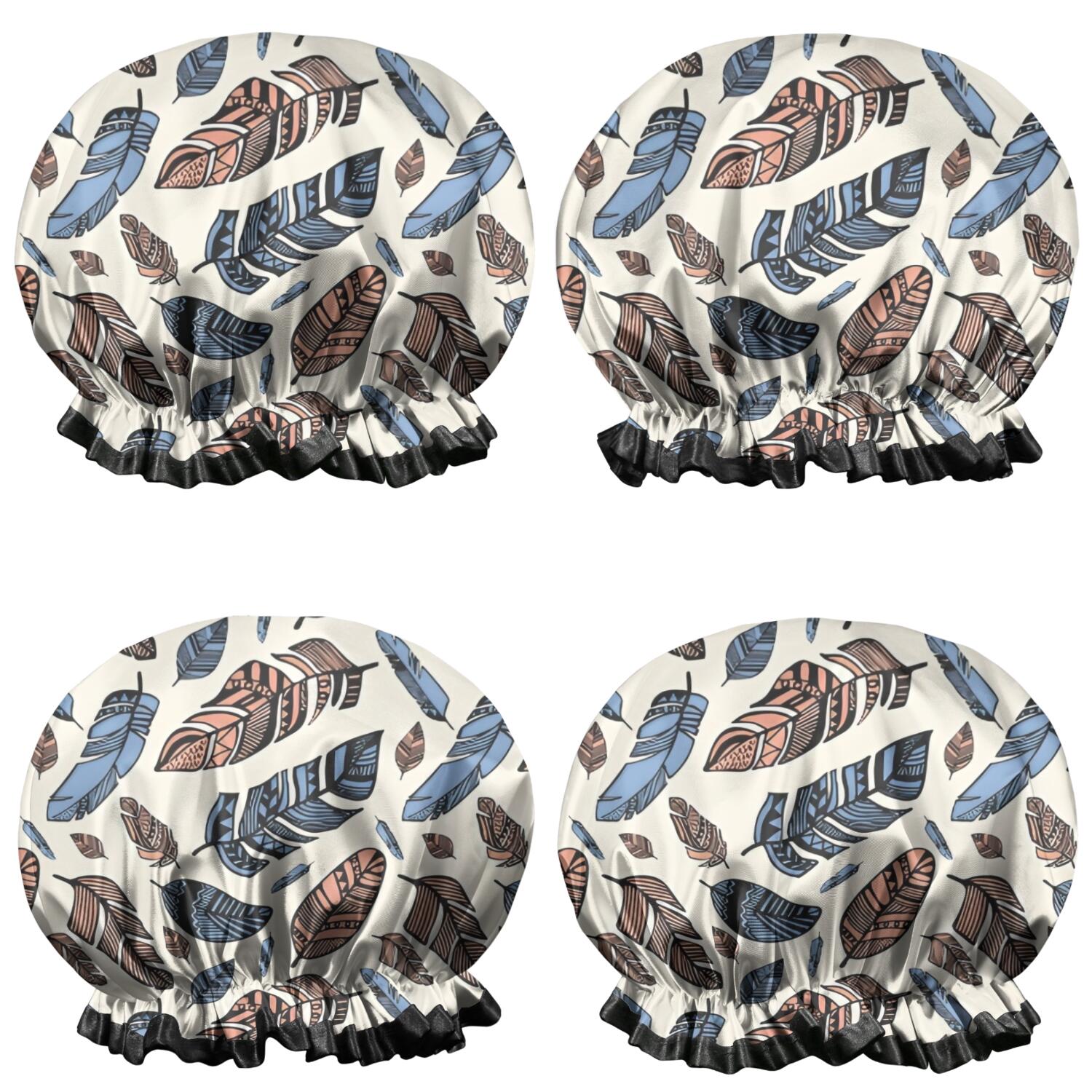 Shower Caps,Blue and Brown Feather Pattern Waterproof Shower Cap for Women 4 Pieces,Double Reusable Hair Cover for Shower PEVA Elastic Stretch Hem