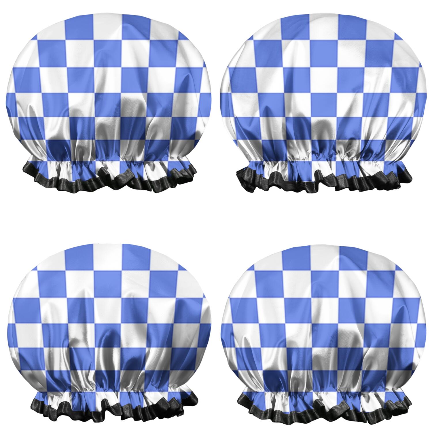 Shower Caps,Blue and White Checkered Pattern Waterproof Shower Cap for Women 4 Pieces,Double Reusable Hair Cover for Shower PEVA Elastic Stretch Hem