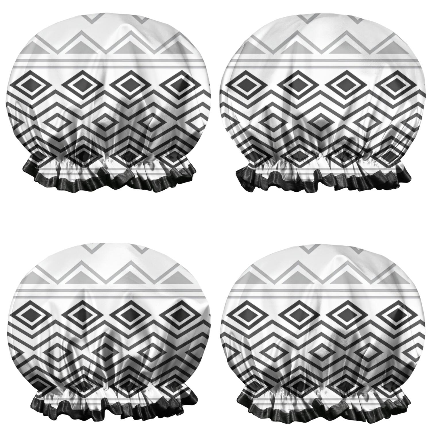 Shower Caps,Boho Black and White Geometric Ethnic Pattern Waterproof Shower Cap for Women 4 Pieces,Double Reusable Hair Cover for Shower PEVA Elastic Stretch Hem