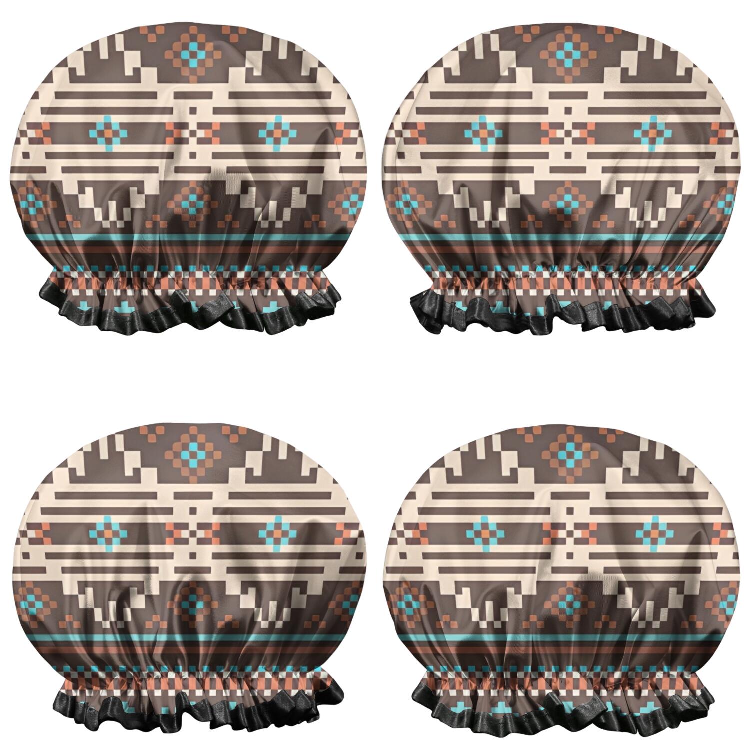 Shower Caps,Boho Blue Pixel Ethnic Pattern Waterproof Shower Cap for Women 4 Pieces,Double Reusable Hair Cover for Shower PEVA Elastic Stretch Hem