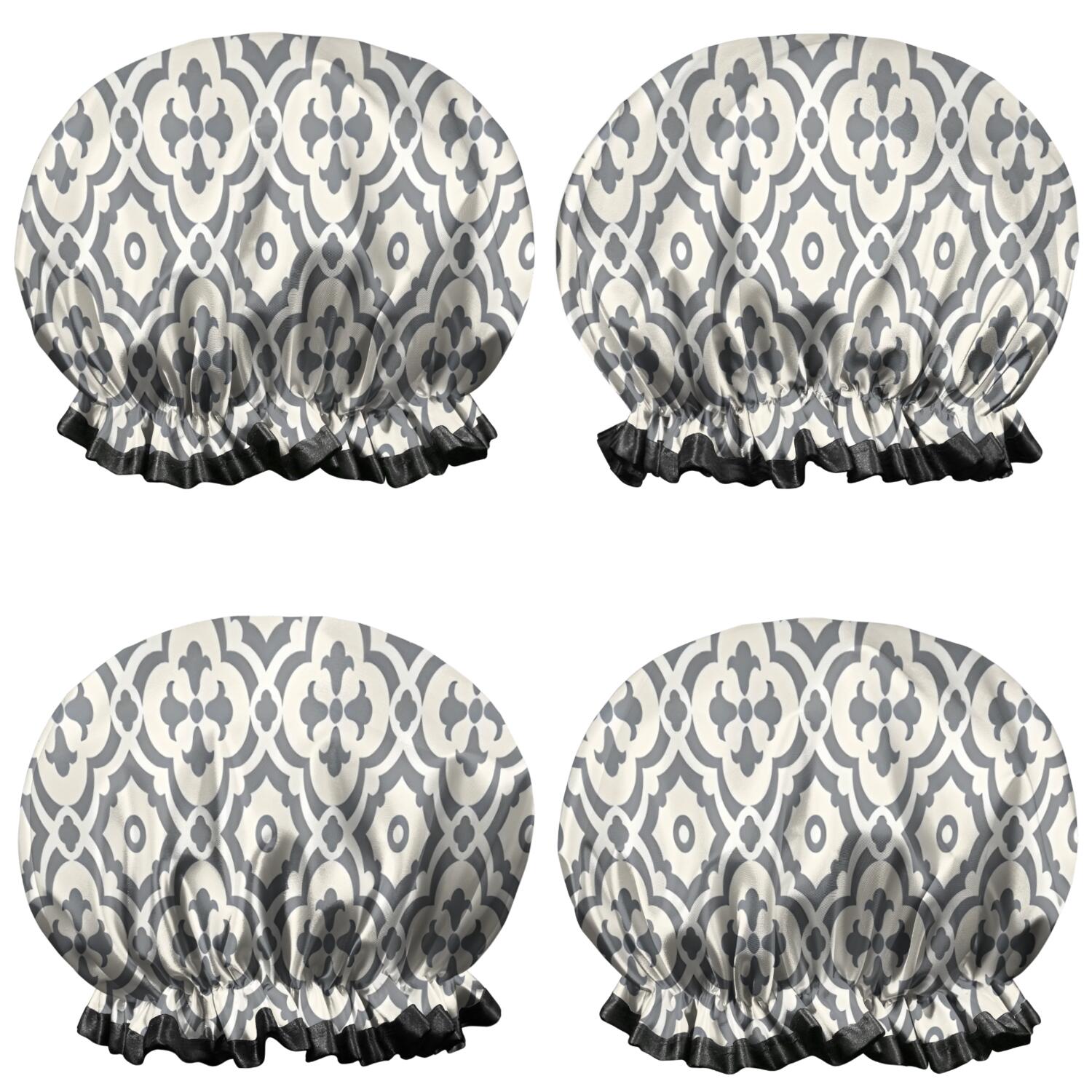 Shower Caps,Boho Gray and Beige Floral Ethnic Pattern Waterproof Shower Cap for Women 4 Pieces,Double Reusable Hair Cover for Shower PEVA Elastic Stretch Hem
