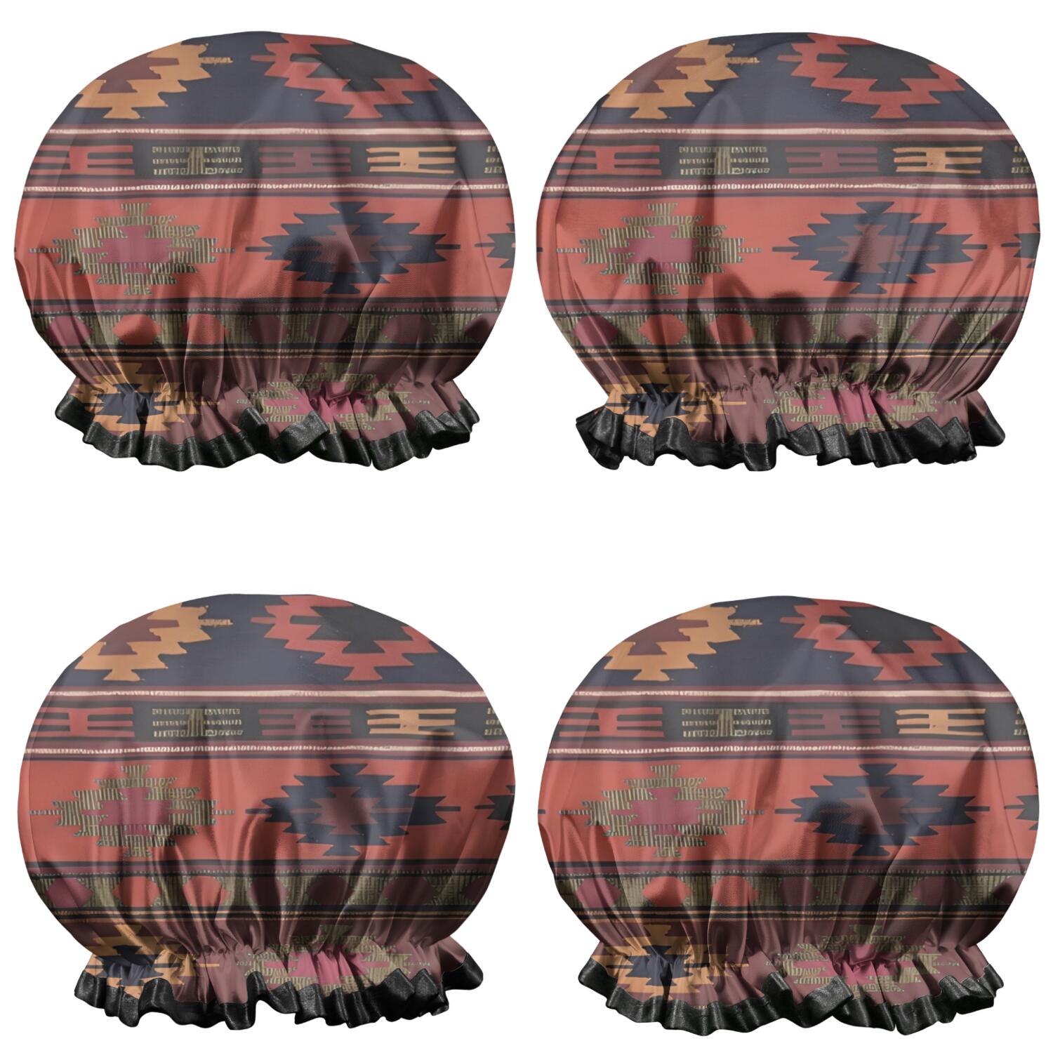 Shower Caps,Boho Multicolor Ethnic Pattern with Geometric Shapes Waterproof Shower Cap for Women 4 Pieces,Double Reusable Hair Cover for Shower PEVA Elastic Stretch Hem