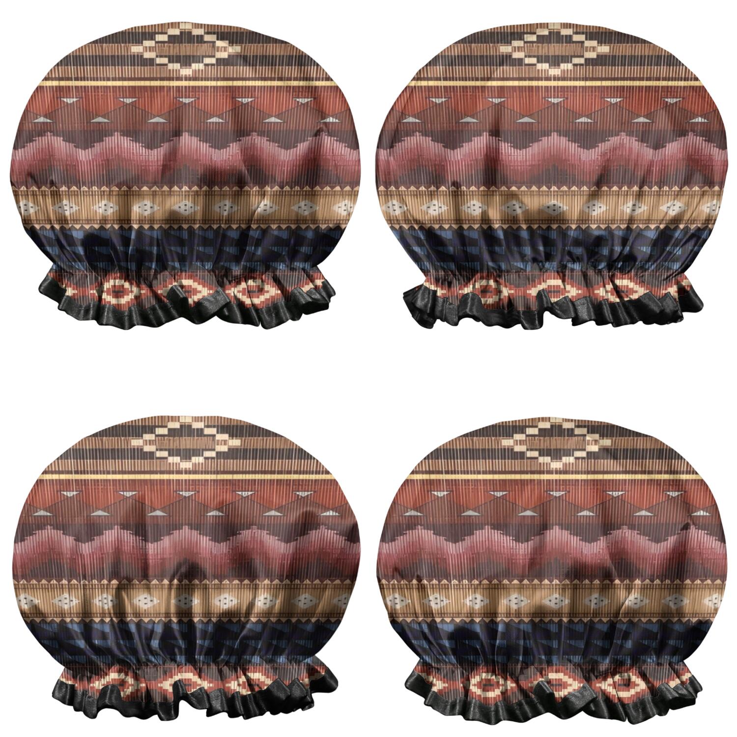 Shower Caps,Boho Multicolor Geometric Ethnic Pattern Waterproof Shower Cap for Women 4 Pieces,Double Reusable Hair Cover for Shower PEVA Elastic Stretch Hem