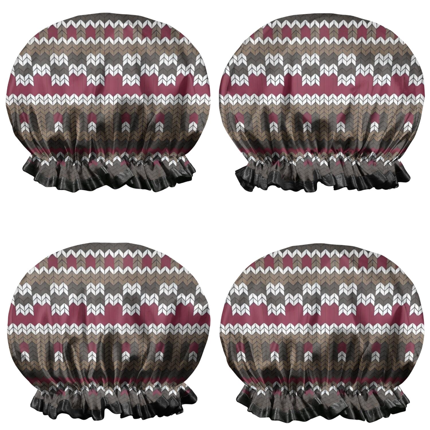 Shower Caps,Boho Red Knitted Ethnic Pattern Waterproof Shower Cap for Women 4 Pieces,Double Reusable Hair Cover for Shower PEVA Elastic Stretch Hem