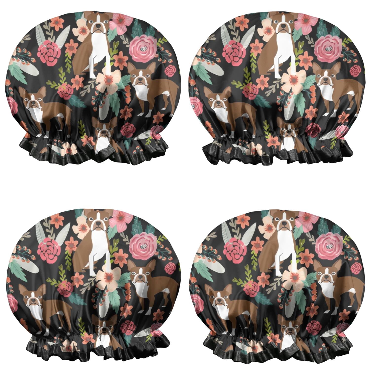 Shower Caps,Boston Terrier Dog with Pioneer Flower Waterproof Shower Cap for Women 4 Pieces,Double Reusable Hair Cover for Shower PEVA Elastic Stretch Hem