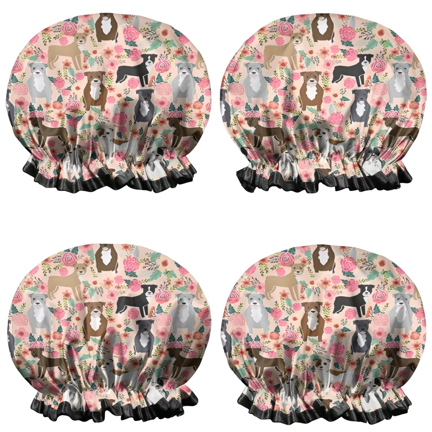 Shower Caps,Boston Terrier Dogs with Pioneer Flower Waterproof Shower Cap for Women 4 Pieces,Double Reusable Hair Cover for Shower PEVA Elastic Stretch Hem