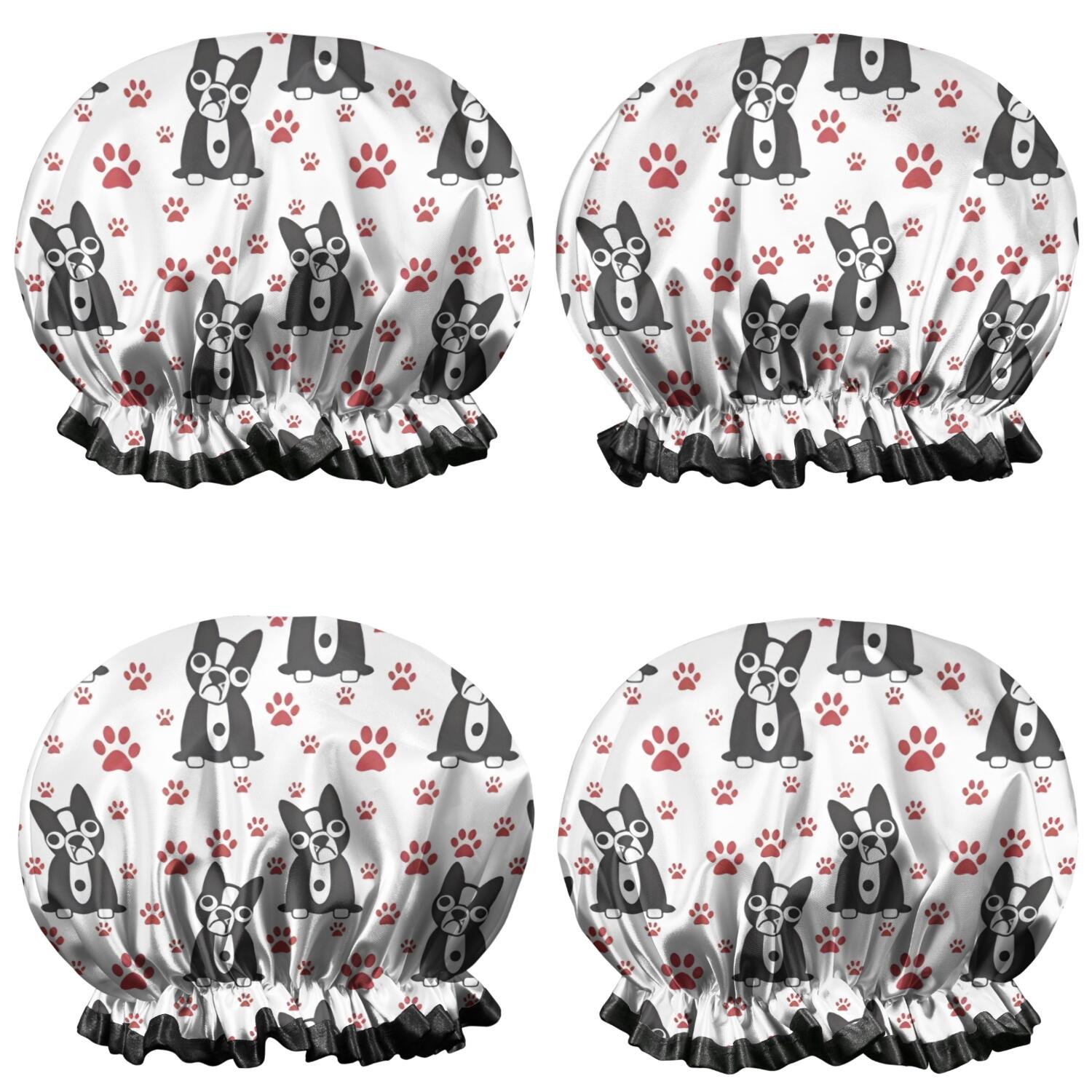 Shower Caps,Boston Terrier Puppy Dog Waterproof Shower Cap for Women 4 Pieces,Double Reusable Hair Cover for Shower PEVA Elastic Stretch Hem