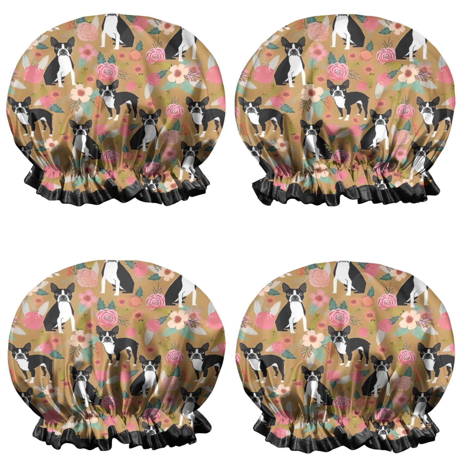 Shower Caps,Boston Terrier and Flower Waterproof Shower Cap for Women 4 Pieces,Double Reusable Hair Cover for Shower PEVA Elastic Stretch Hem