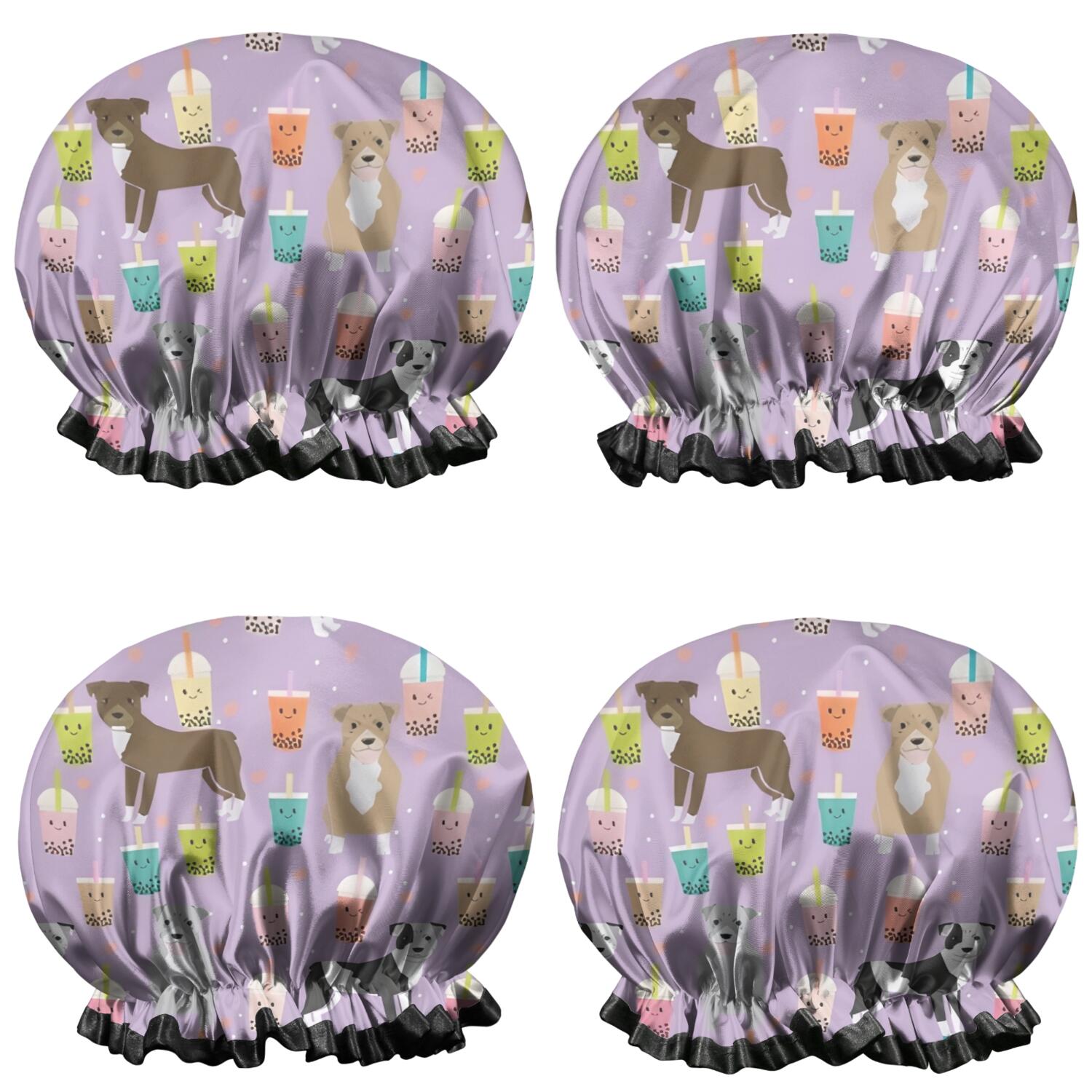 Shower Caps,Boxer Dog Pitbull Terriers Dog and Drinks Waterproof Shower Cap for Women 4 Pieces,Double Reusable Hair Cover for Shower PEVA Elastic Stretch Hem