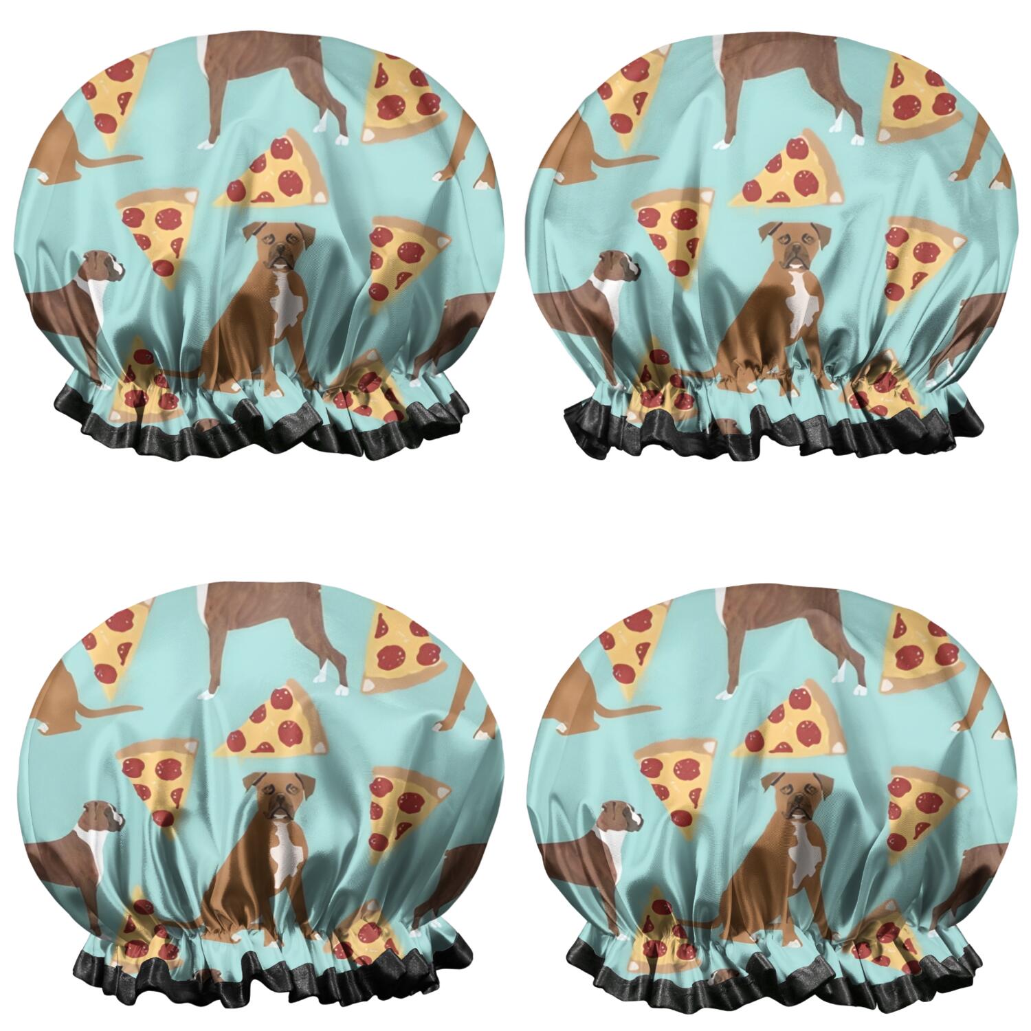 Shower Caps,Boxer Dog Pitbull Terriers Dog and Pizza Waterproof Shower Cap for Women 4 Pieces,Double Reusable Hair Cover for Shower PEVA Elastic Stretch Hem