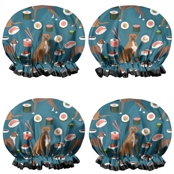 Shower Caps,Boxer Dog Pitbull Terriers Dog and Sushi Waterproof Shower Cap for Women 4 Pieces,Double Reusable Hair Cover for Shower PEVA Elastic Stretch Hem