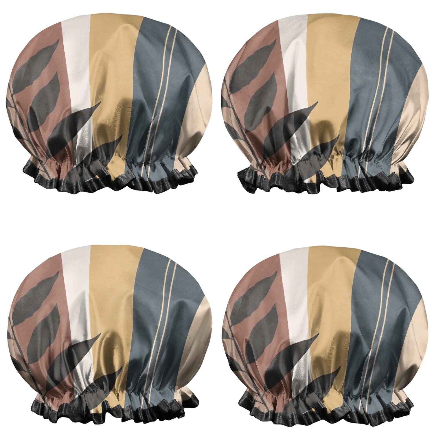 Shower Caps,Brown Boho Geometric and Plant Pattern Waterproof Shower Cap for Women 4 Pieces,Double Reusable Hair Cover for Shower PEVA Elastic Stretch Hem