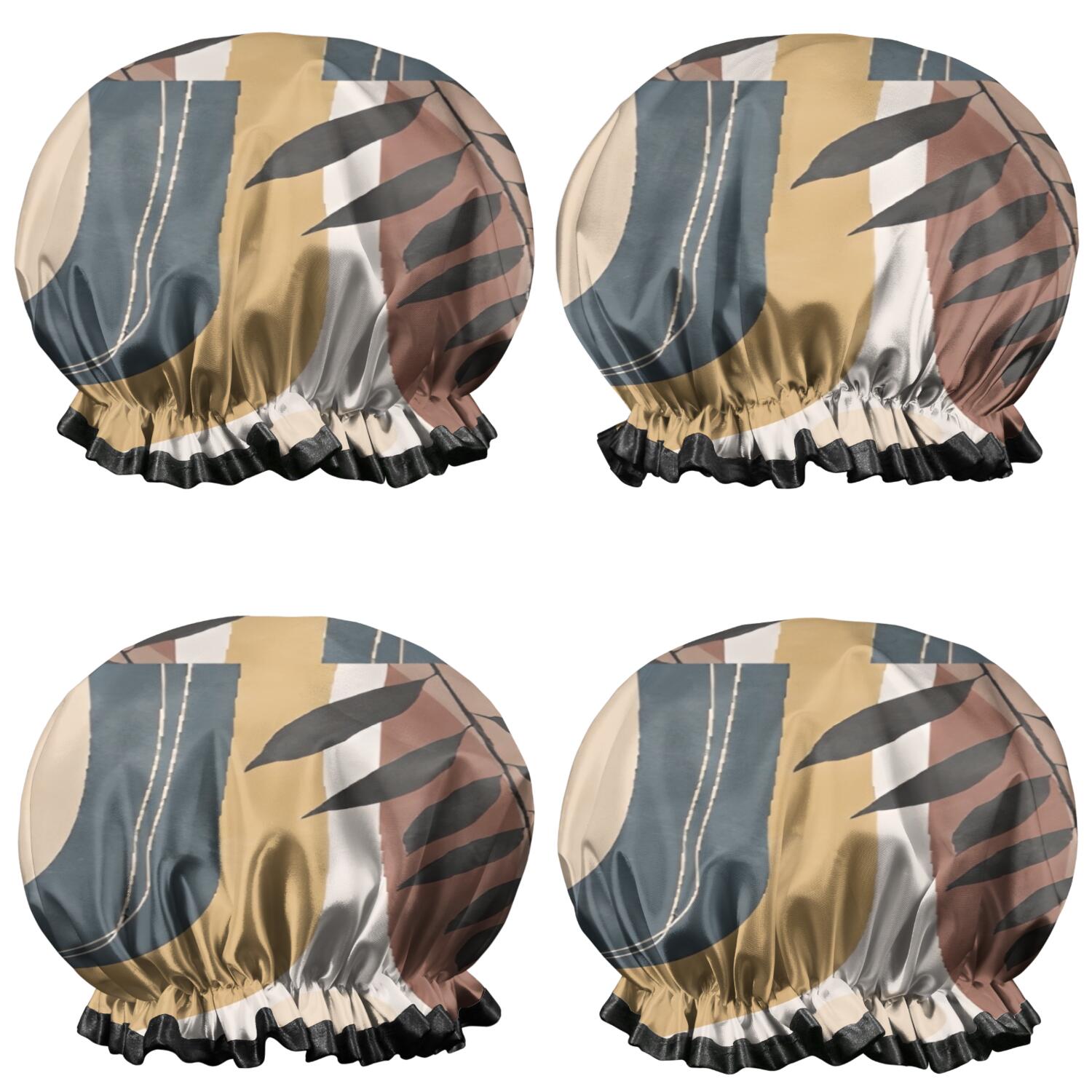 Shower Caps,Brown Boho Geometric and Plant Pattern Waterproof Shower Cap for Women 4 Pieces,Double Reusable Hair Cover for Shower PEVA Elastic Stretch Hem