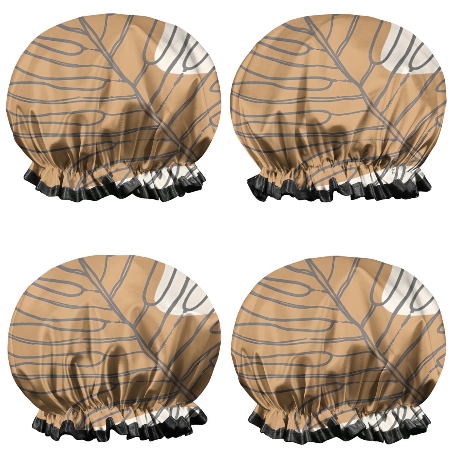 Shower Caps,Brown Boho Line Art Plant Pattern Waterproof Shower Cap for Women 4 Pieces,Double Reusable Hair Cover for Shower PEVA Elastic Stretch Hem
