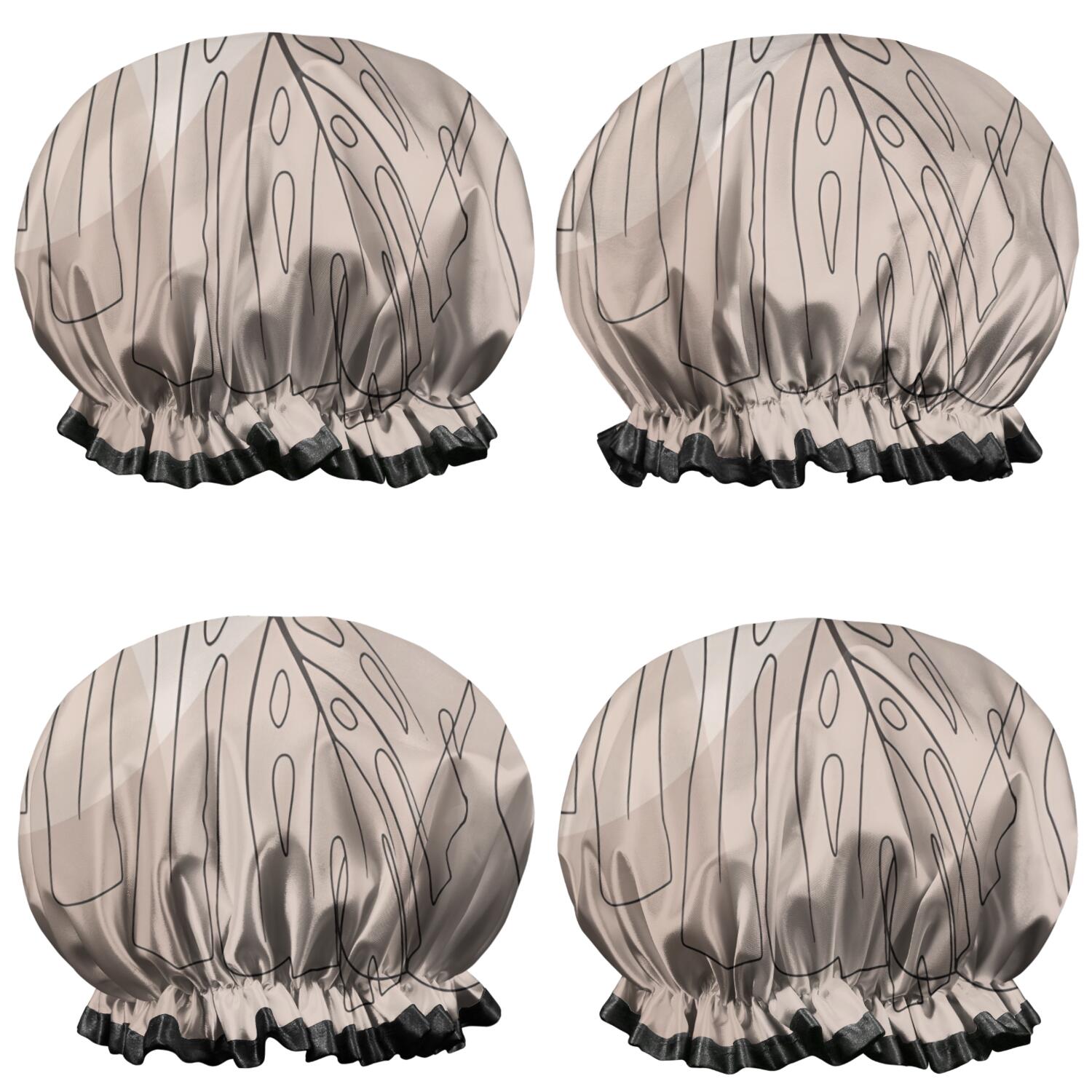 Shower Caps,Brown Boho Line Art Plant Pattern Waterproof Shower Cap for Women 4 Pieces,Double Reusable Hair Cover for Shower PEVA Elastic Stretch Hem