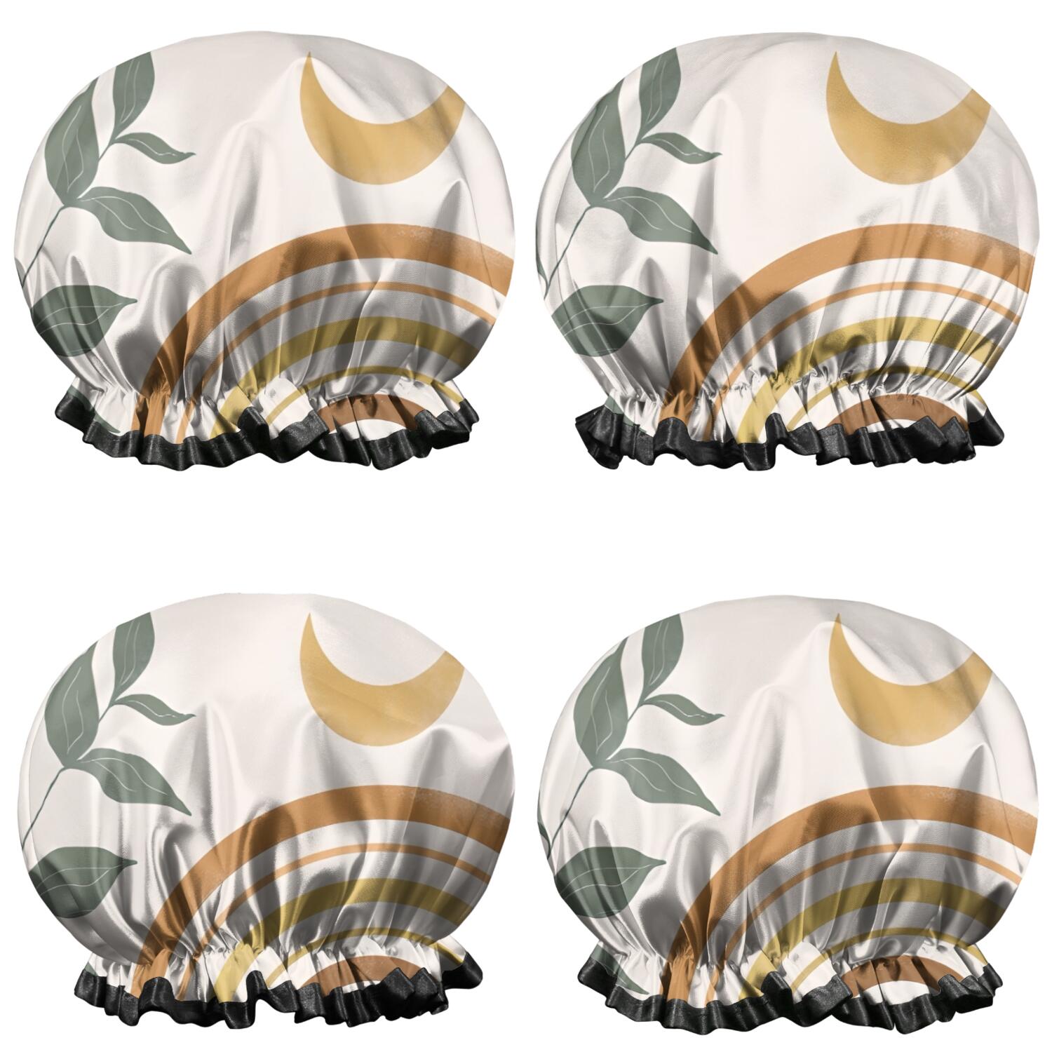 Shower Caps,Brown Boho Sun, Moon and Plant Pattern Waterproof Shower Cap for Women 4 Pieces,Double Reusable Hair Cover for Shower PEVA Elastic Stretch Hem