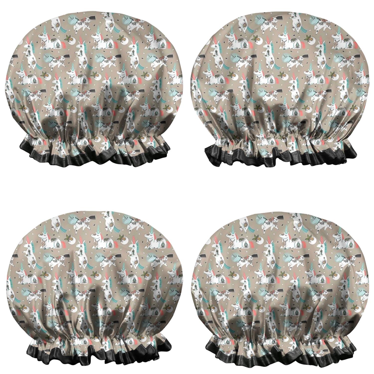 Shower Caps,Brown Cartoon Unicorn Pattern Waterproof Shower Cap for Women 4 Pieces,Double Reusable Hair Cover for Shower PEVA Elastic Stretch Hem