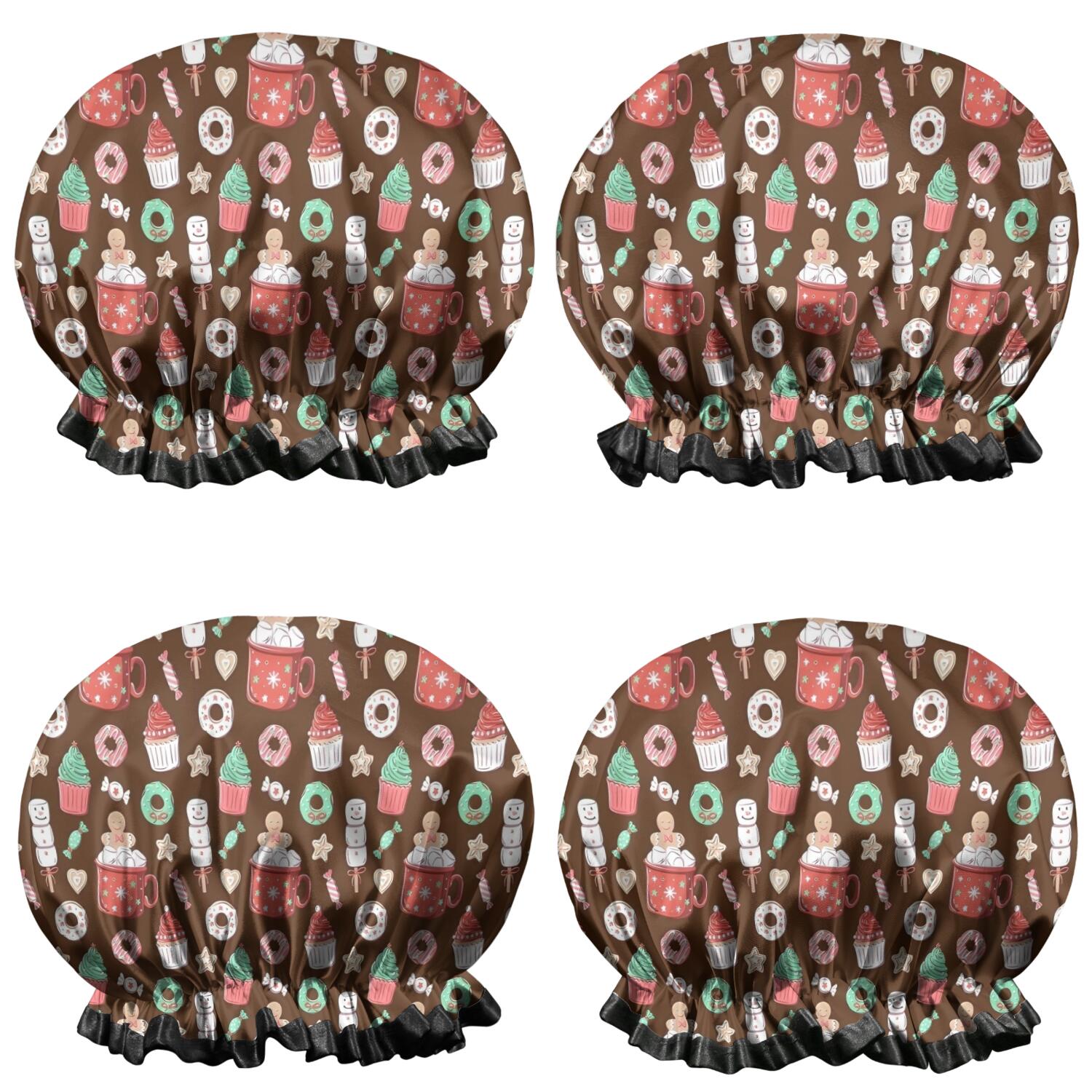Shower Caps,Brown Christmas Dessert Pattern Waterproof Shower Cap for Women 4 Pieces,Double Reusable Hair Cover for Shower PEVA Elastic Stretch Hem