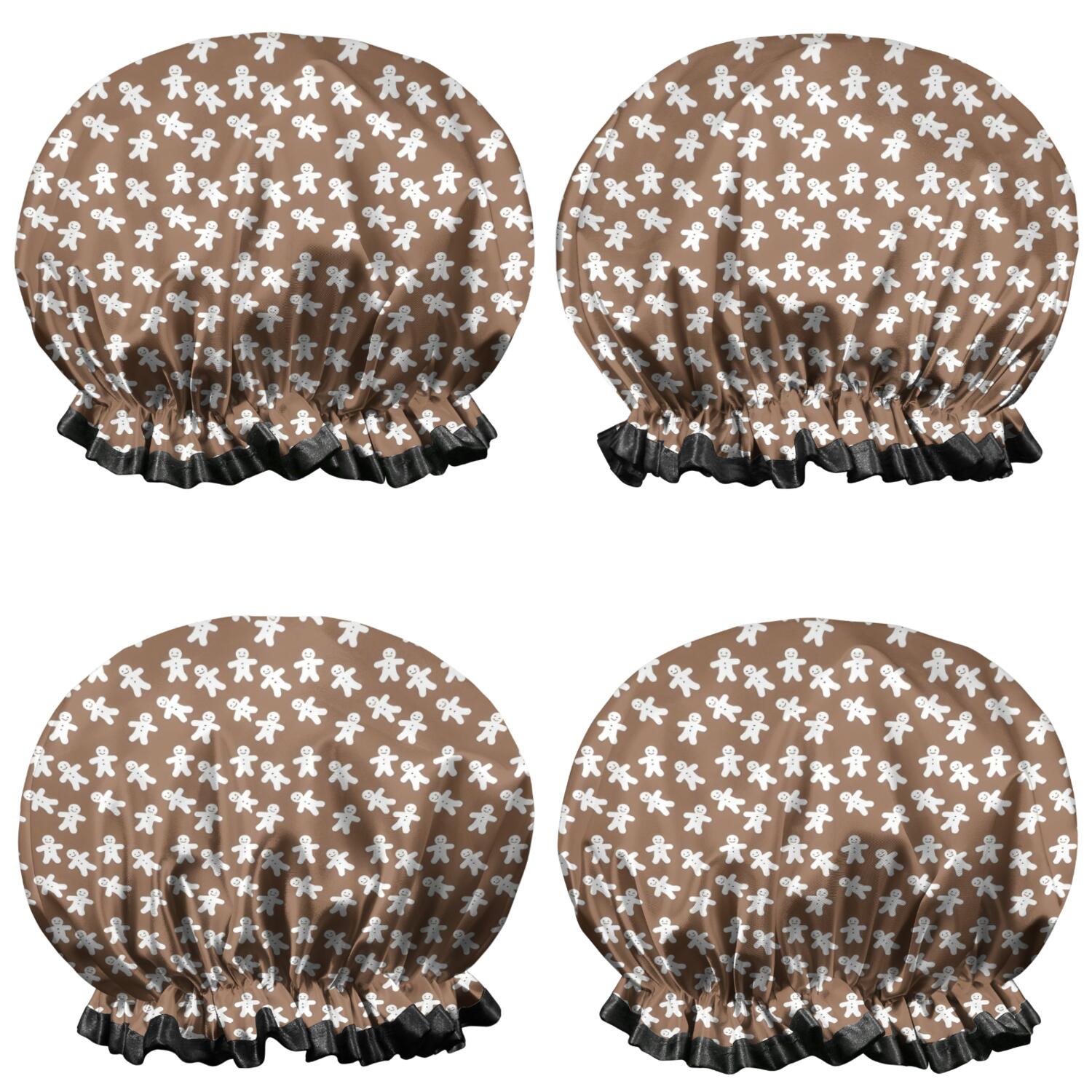 Shower Caps,Brown Christmas Gingerbread Pattern Waterproof Shower Cap for Women 4 Pieces,Double Reusable Hair Cover for Shower PEVA Elastic Stretch Hem