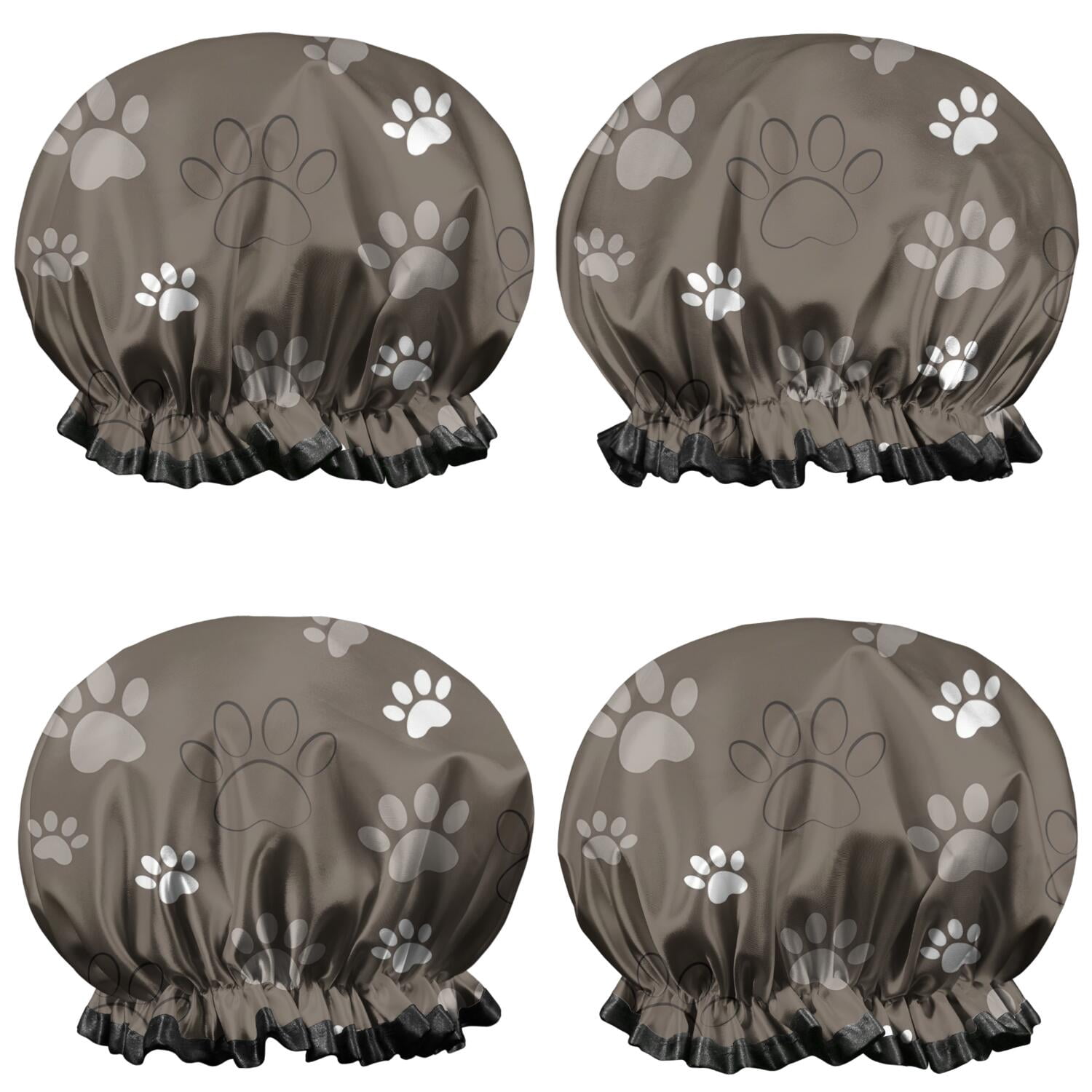 Shower Caps,Brown Dog Paw Footprint Waterproof Shower Cap for Women 4 Pieces,Double Reusable Hair Cover for Shower PEVA Elastic Stretch Hem