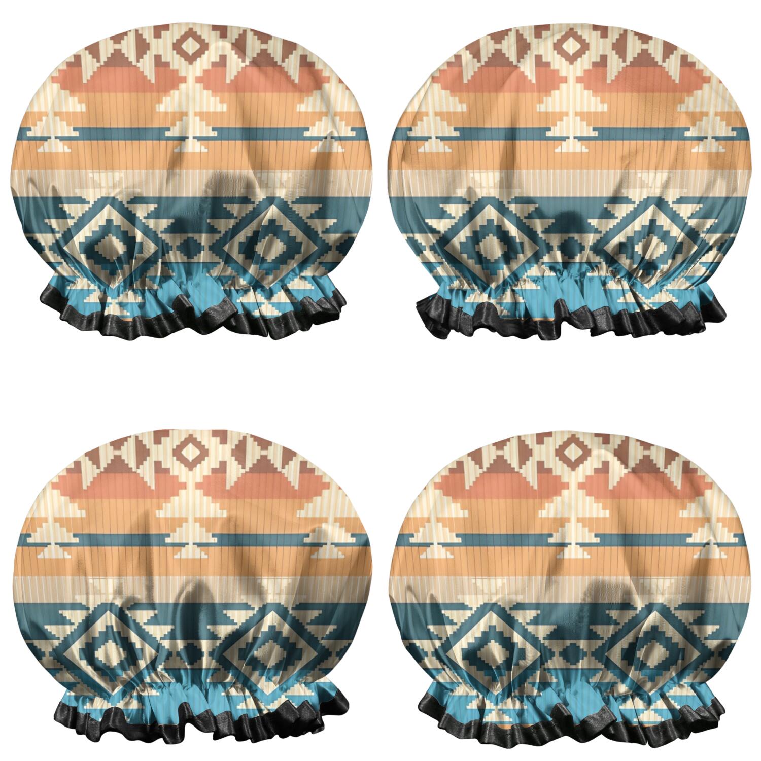 Shower Caps,Brown Ethnic Geometric Pattern Waterproof Shower Cap for Women 4 Pieces,Double Reusable Hair Cover for Shower PEVA Elastic Stretch Hem
