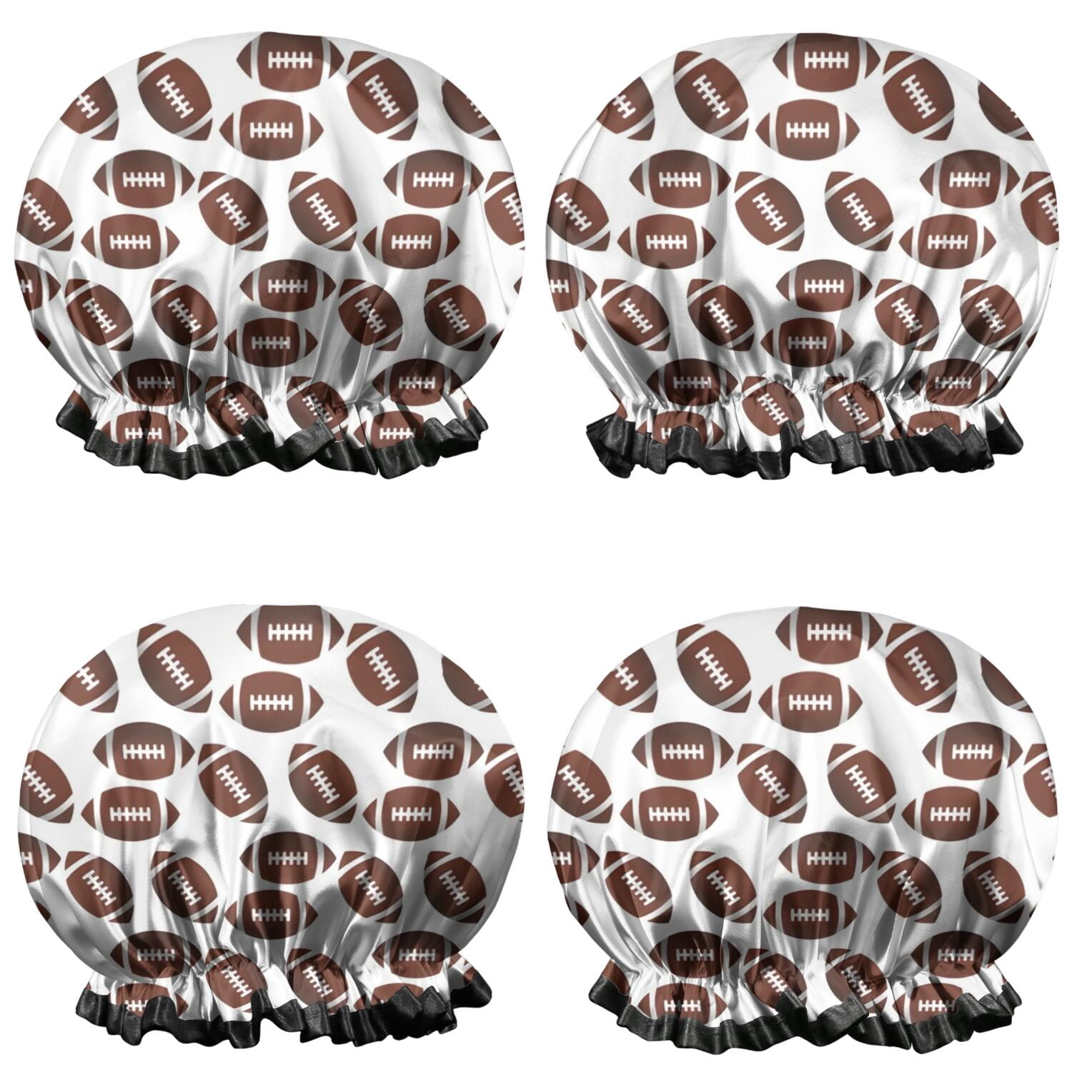 Shower Caps,Brown Footballs Repeat Pattern Waterproof Shower Cap for Women 4 Pieces,Double Reusable Hair Cover for Shower PEVA Elastic Stretch Hem