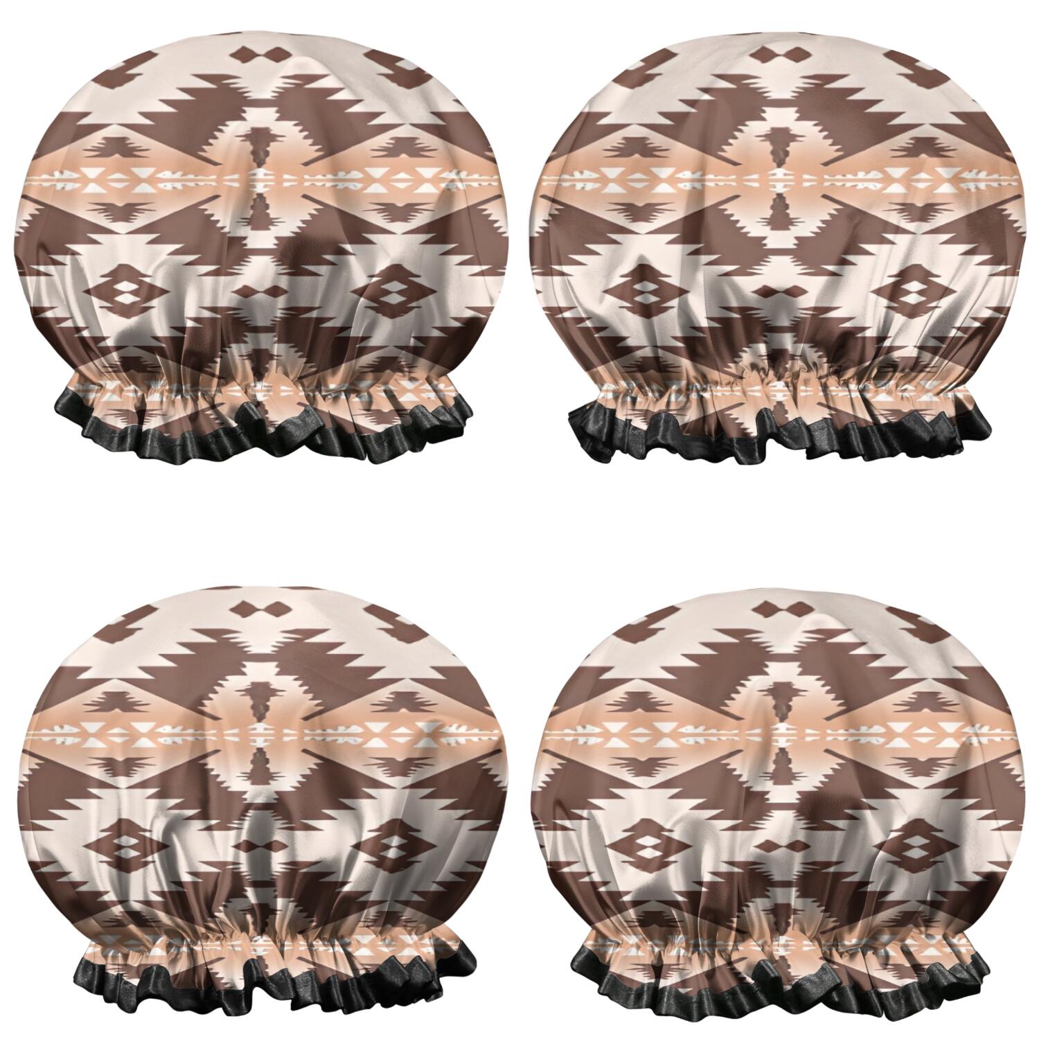 Shower Caps,Brown Geometric Boho Pattern Waterproof Shower Cap for Women 4 Pieces,Double Reusable Hair Cover for Shower PEVA Elastic Stretch Hem