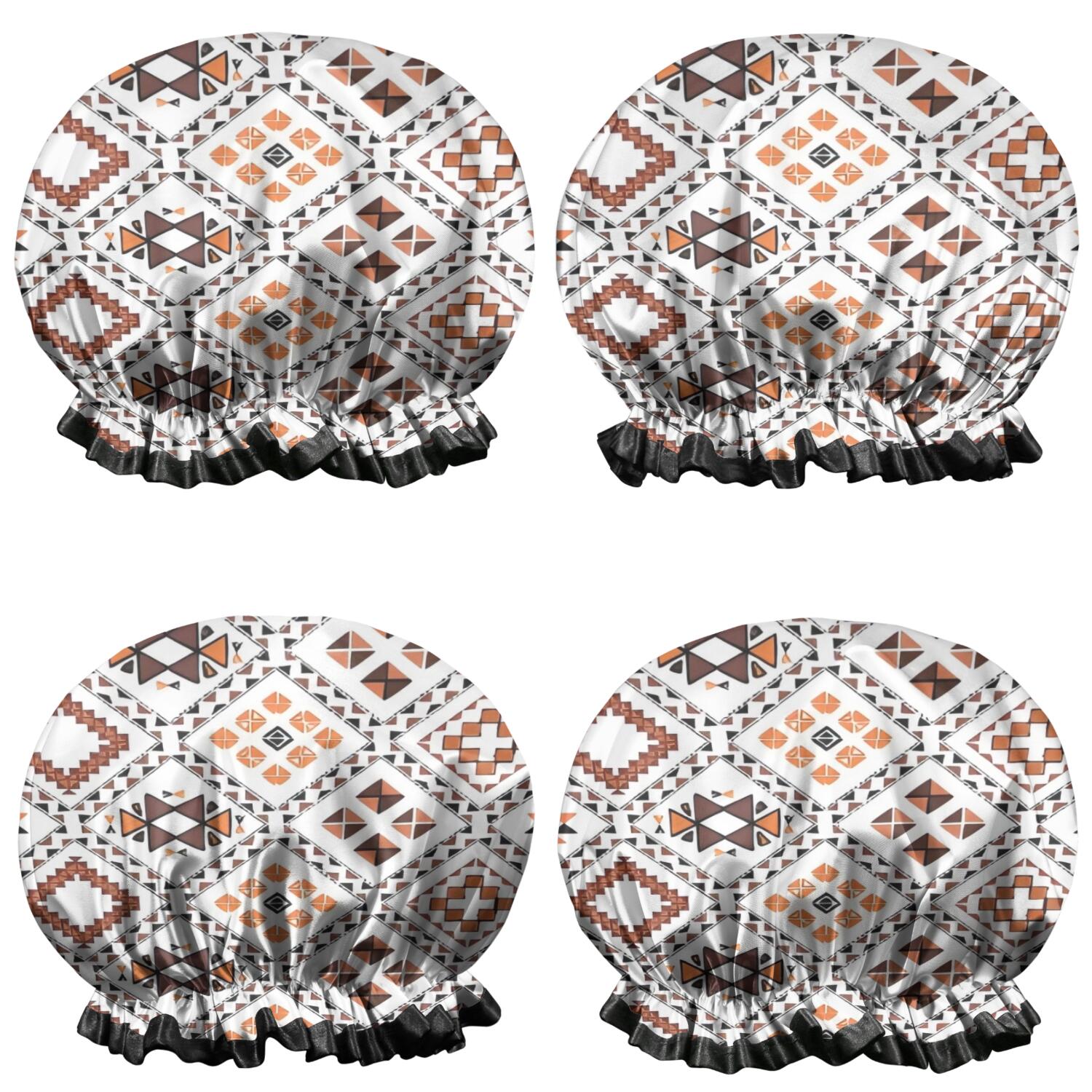 Shower Caps,Brown Geometric Diamond Pattern Waterproof Shower Cap for Women 4 Pieces,Double Reusable Hair Cover for Shower PEVA Elastic Stretch Hem