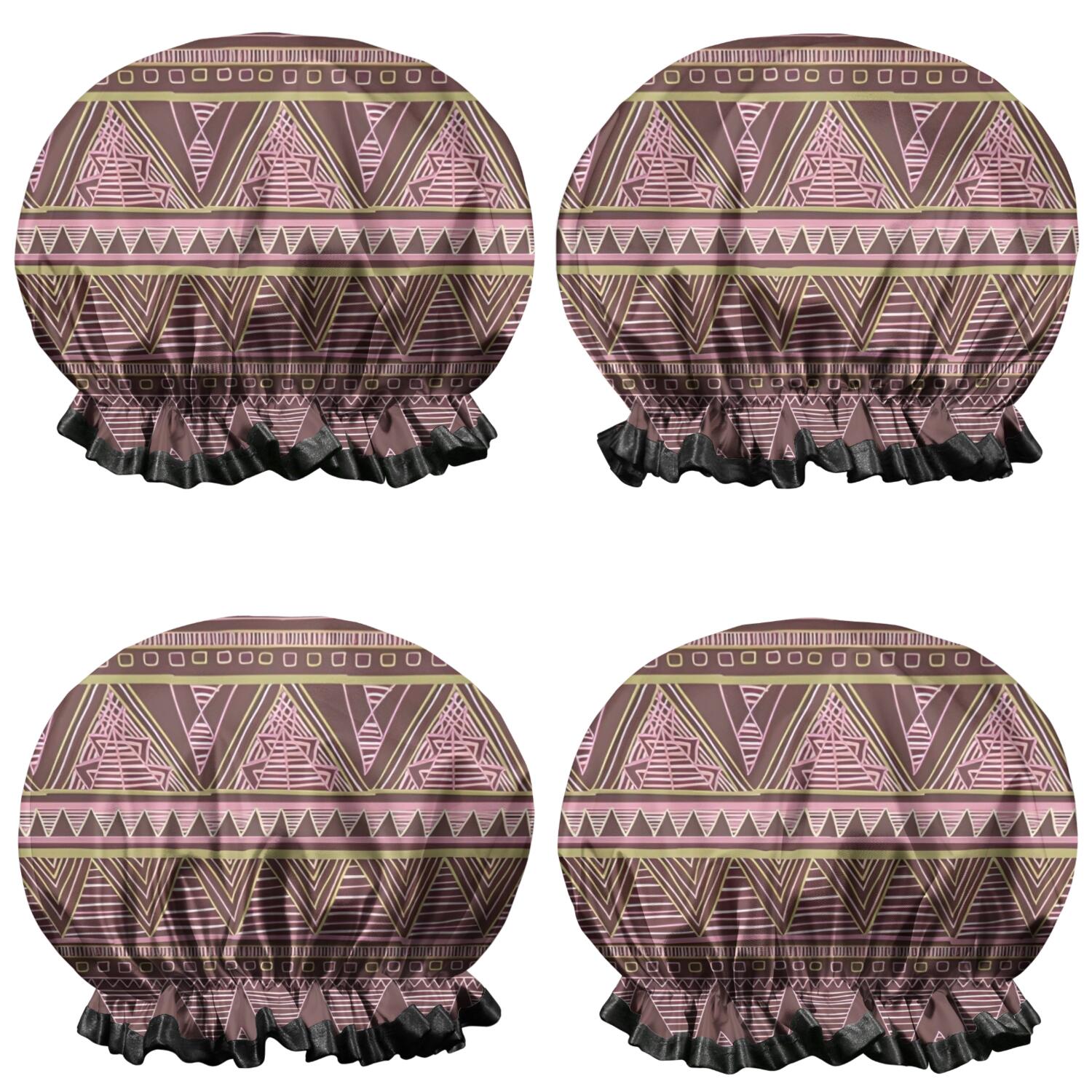 Shower Caps,Brown Geometric Striped Pattern Waterproof Shower Cap for Women 4 Pieces,Double Reusable Hair Cover for Shower PEVA Elastic Stretch Hem