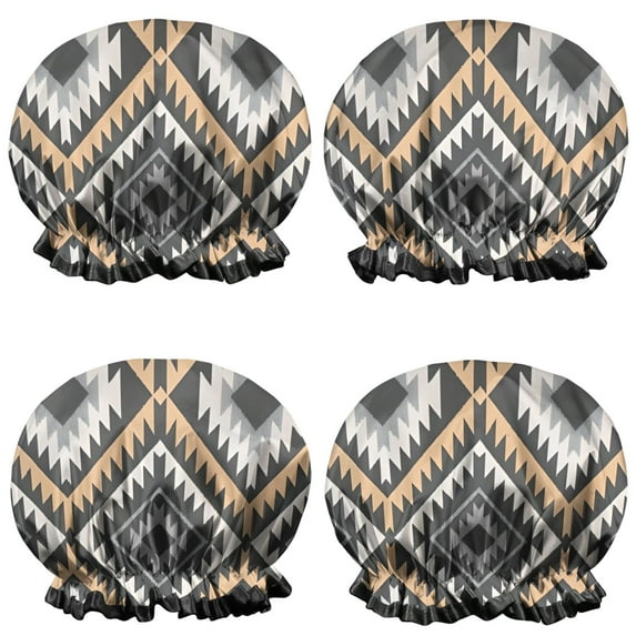 Shower Caps,Brown Geometric Triangle Diamond Pattern Waterproof Shower Cap for Women 4 Pieces,Double Reusable Hair Cover for Shower PEVA Elastic Stretch Hem