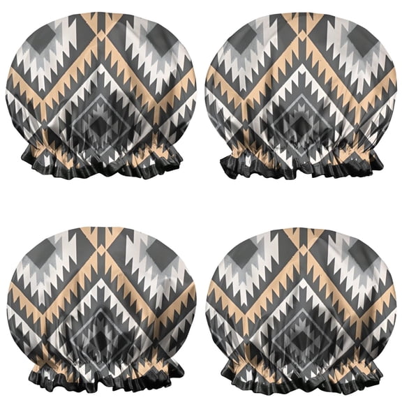 Shower Caps,Brown Geometric Triangle Diamond Pattern Waterproof Shower Cap for Women 4 Pieces,Double Reusable Hair Cover for Shower PEVA Elastic Stretch Hem