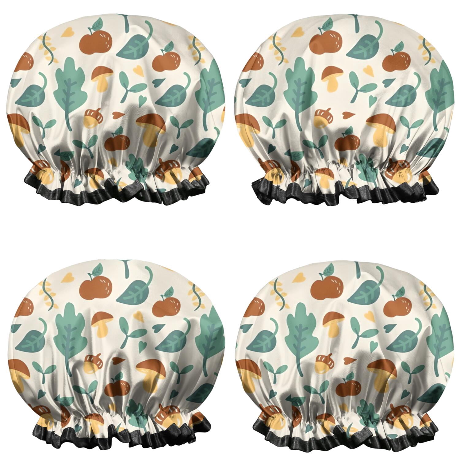 Shower Caps,Brown Green Mushroom Fruit Leaf Beige Pattern Waterproof Shower Cap for Women 4 Pieces,Double Reusable Hair Cover for Shower PEVA Elastic Stretch Hem