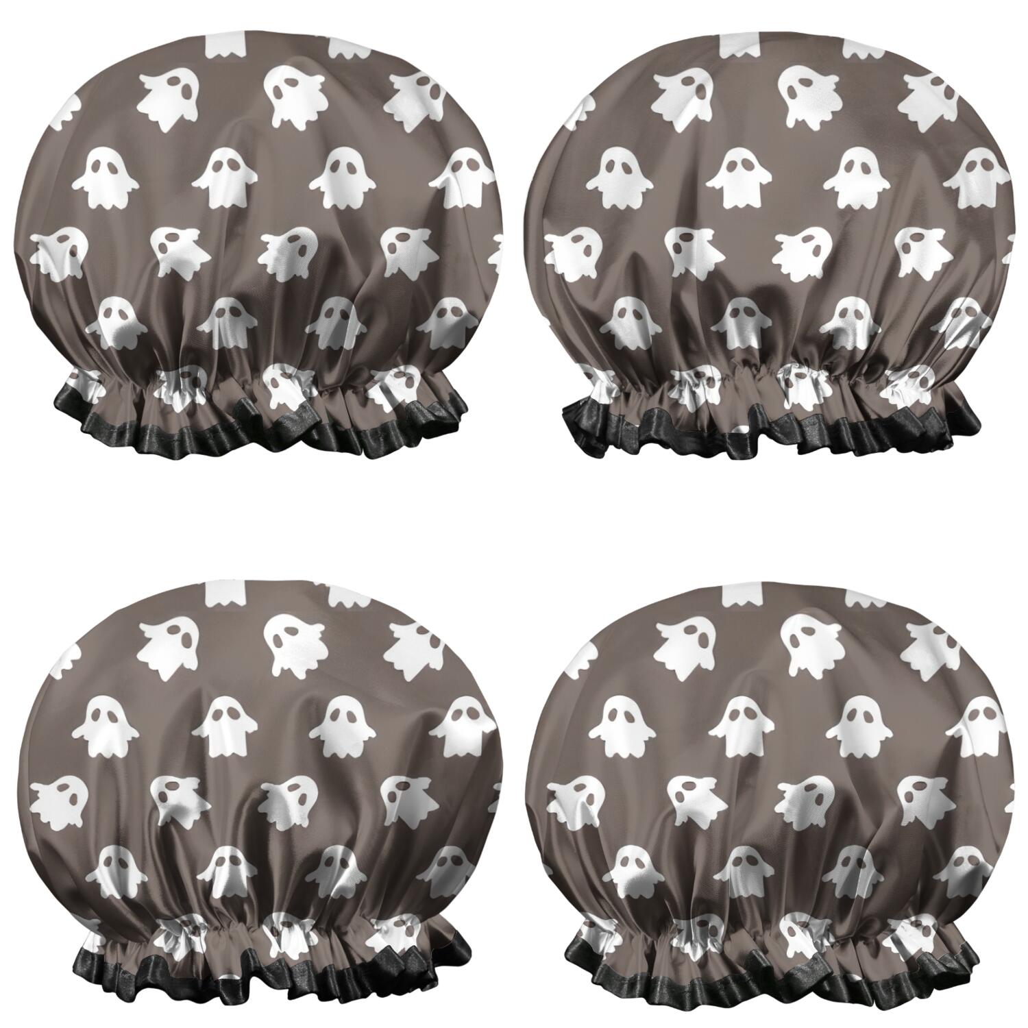 Shower Caps,Brown Halloween Ghost Pattern Waterproof Shower Cap for Women 4 Pieces,Double Reusable Hair Cover for Shower PEVA Elastic Stretch Hem
