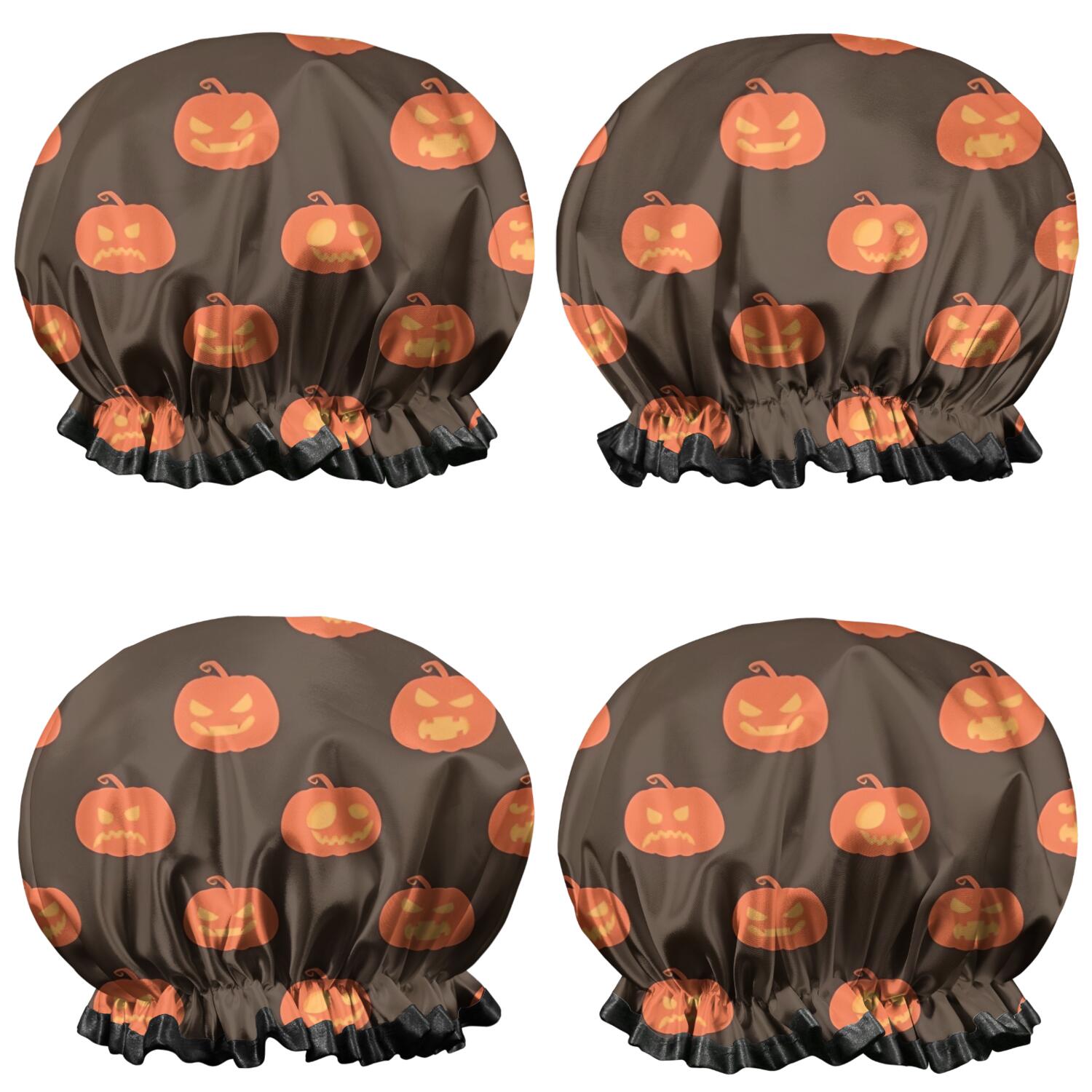 Shower Caps,Brown Halloween Pumpkin Faces Waterproof Shower Cap for Women 4 Pieces,Double Reusable Hair Cover for Shower PEVA Elastic Stretch Hem