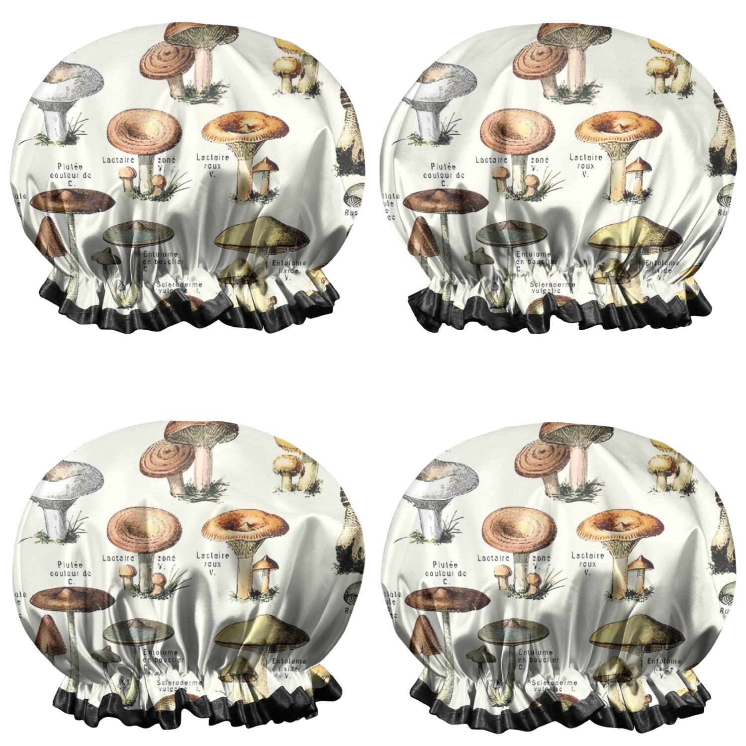 Shower Caps,Brown Mushroom Label Light Pattern Waterproof Shower Cap for Women 4 Pieces,Double Reusable Hair Cover for Shower PEVA Elastic Stretch Hem