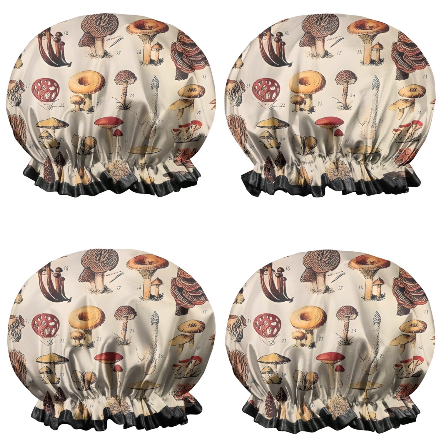 Shower Caps,Brown Mushroom Label Light Pattern Waterproof Shower Cap for Women 4 Pieces,Double Reusable Hair Cover for Shower PEVA Elastic Stretch Hem