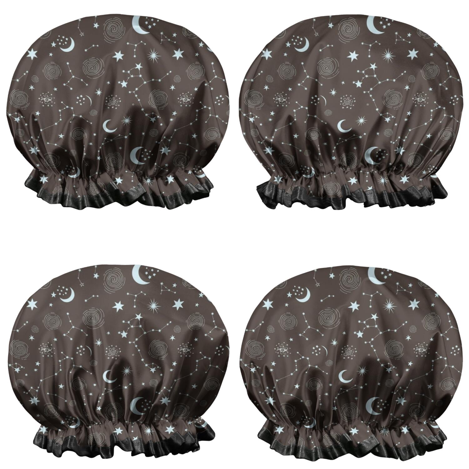Shower Caps,Brown Star Moon Constellation Pattern Waterproof Shower Cap for Women 4 Pieces,Double Reusable Hair Cover for Shower PEVA Elastic Stretch Hem