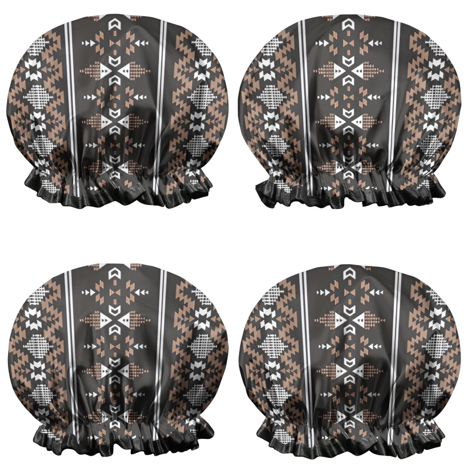 Shower Caps,Brown Striped Geometric Pattern Waterproof Shower Cap for Women 4 Pieces,Double Reusable Hair Cover for Shower PEVA Elastic Stretch Hem