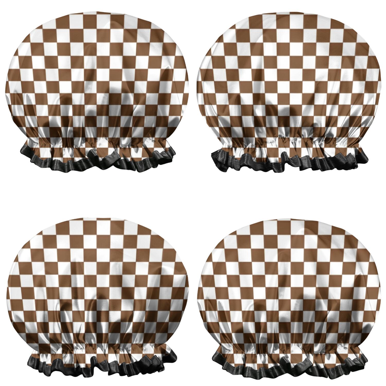 Shower Caps,Brown and White Checkerboard Pattern Waterproof Shower Cap for Women 4 Pieces,Double Reusable Hair Cover for Shower PEVA Elastic Stretch Hem
