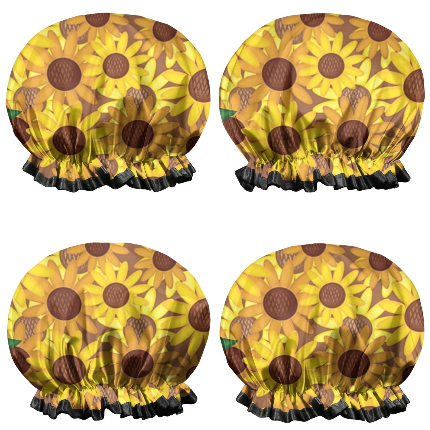 Shower Caps,Brown Yellow Sunflower Pattern Waterproof Shower Cap for Women 4 Pieces,Double Reusable Hair Cover for Shower PEVA Elastic Stretch Hem